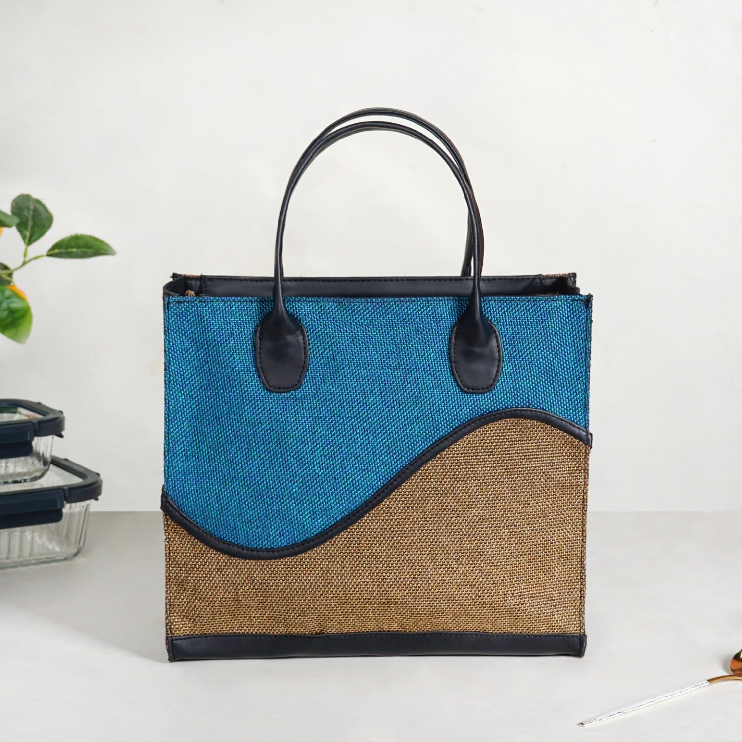Nestasia Jute Lunch Bag for Office (31 cm x 13 cm), Eco - Friendly & Stylish Tiffin Bag for Men & Women with Inner Compartment & Vegan Leather Handle (Blue & Beige)