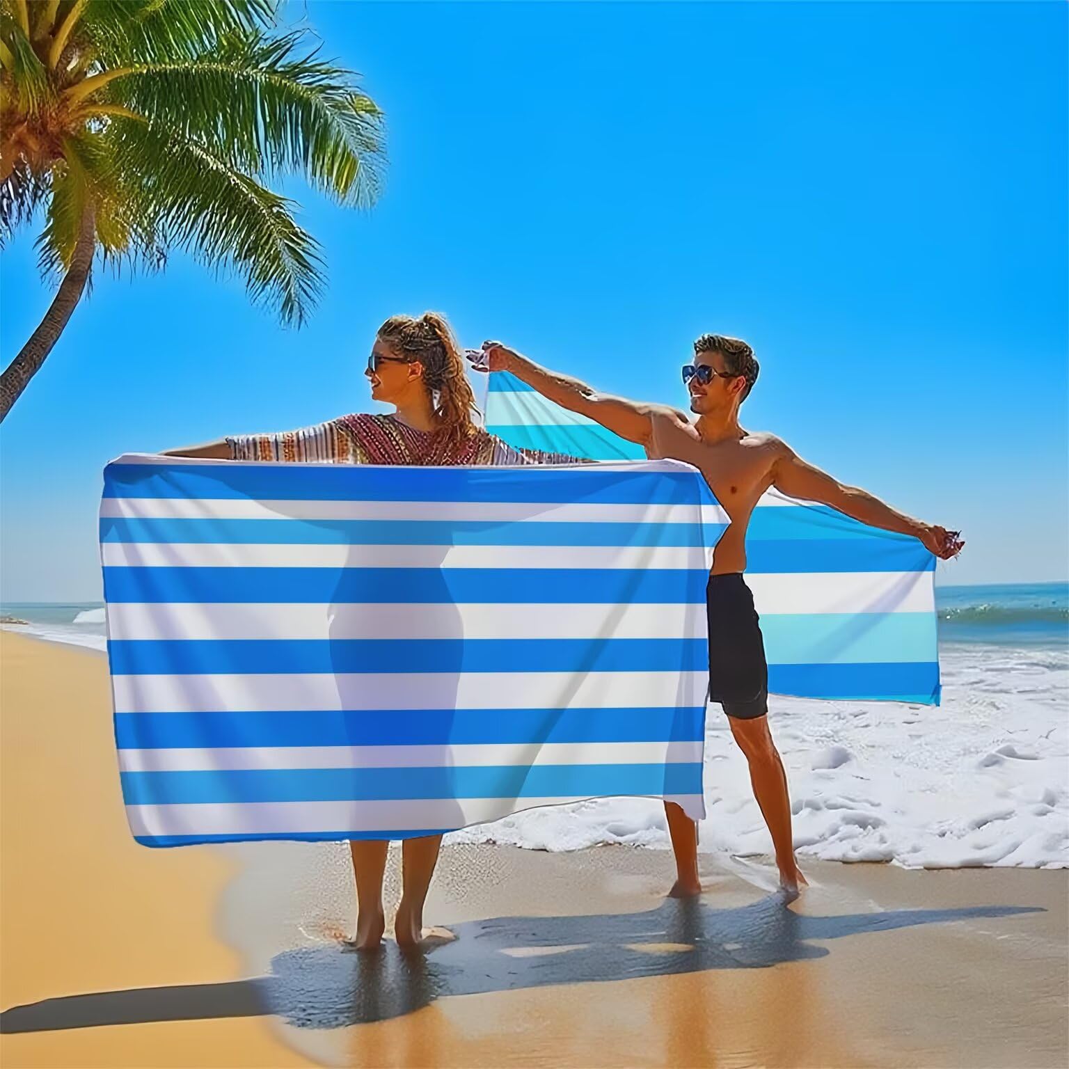 Niebieski ręcznik plażowy dla dorosłych, ręcznik z mikrofibry 100 x 200 cm, duży, 2 sztuki, ręczniki kąpielowe, unikalne zatrzaskowe, chłonne, szybkoschnące, odporne na piasek, lekka konstrukcja, do
