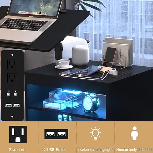 Miniatura 3 de FREDEES Juego de 2 mesitas de noche LED con estación de carga y 2 tomacorrientes moderna mesita de noche con bandeja ajustable de 360 mesita de