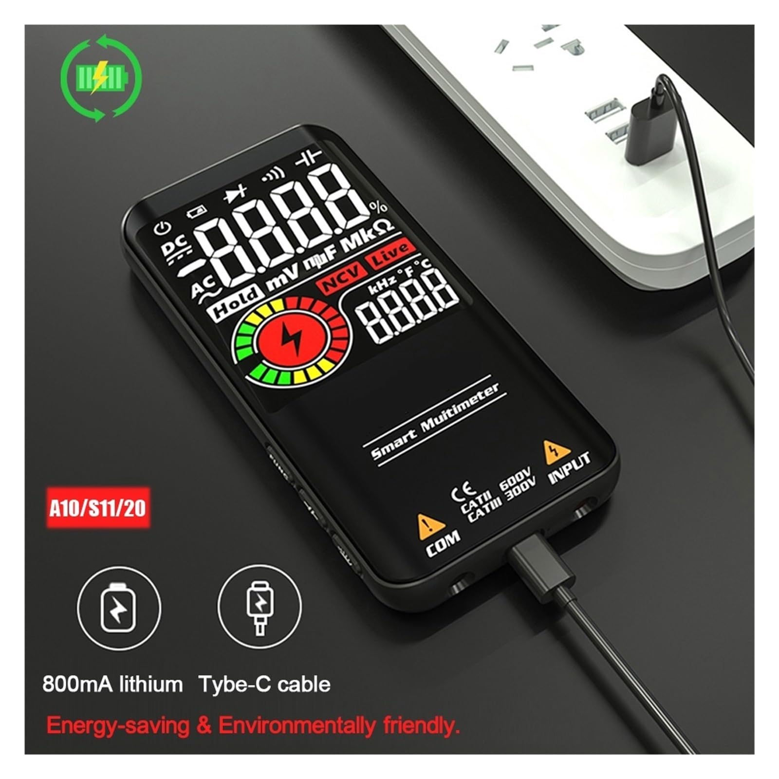 Profesjonalny Multimetr Cyfrowy Smart 9999 EMF Multitester DC AC Kondensator Napięciowy Dioda Ohm Na Żywo Tester Elektryczny USB Charge Szybko Dokładnie Łatwy Odczyt(S11-Lithium Battery)
