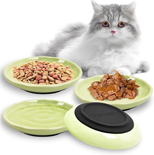 BNOSDM Juego de 4 cuencos de comida para gatos, platos de cerámica poco profundos para gatitos, parte inferior de silicona antideslizante, apto para