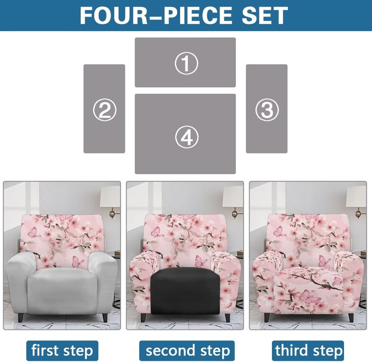 Talayituse Butterfly Cherry Blossom Print Recliner Cover with Pockets 4-Pieces Reclining Slipcover Lazy Boy Recliner Armchair Cover with Elastic Bottom for Recliner Furniture Protector for Kid Pet
