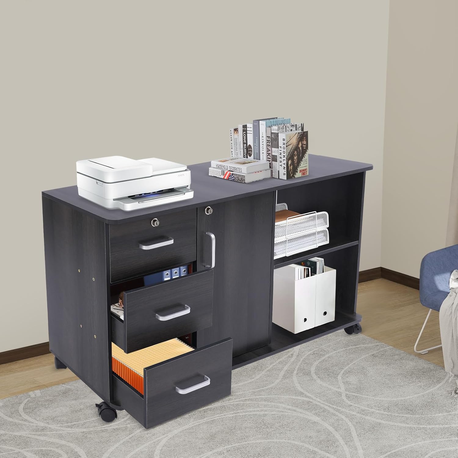 Mobile File Cabinet with Lock, Black Wood Filing Cabinet for Home Office - 3 Drawer Locking Storage Cabinet with Shelves & Printer Stand, 39.4" x 13.4" x 23.2" (Black Walnut/Oak)