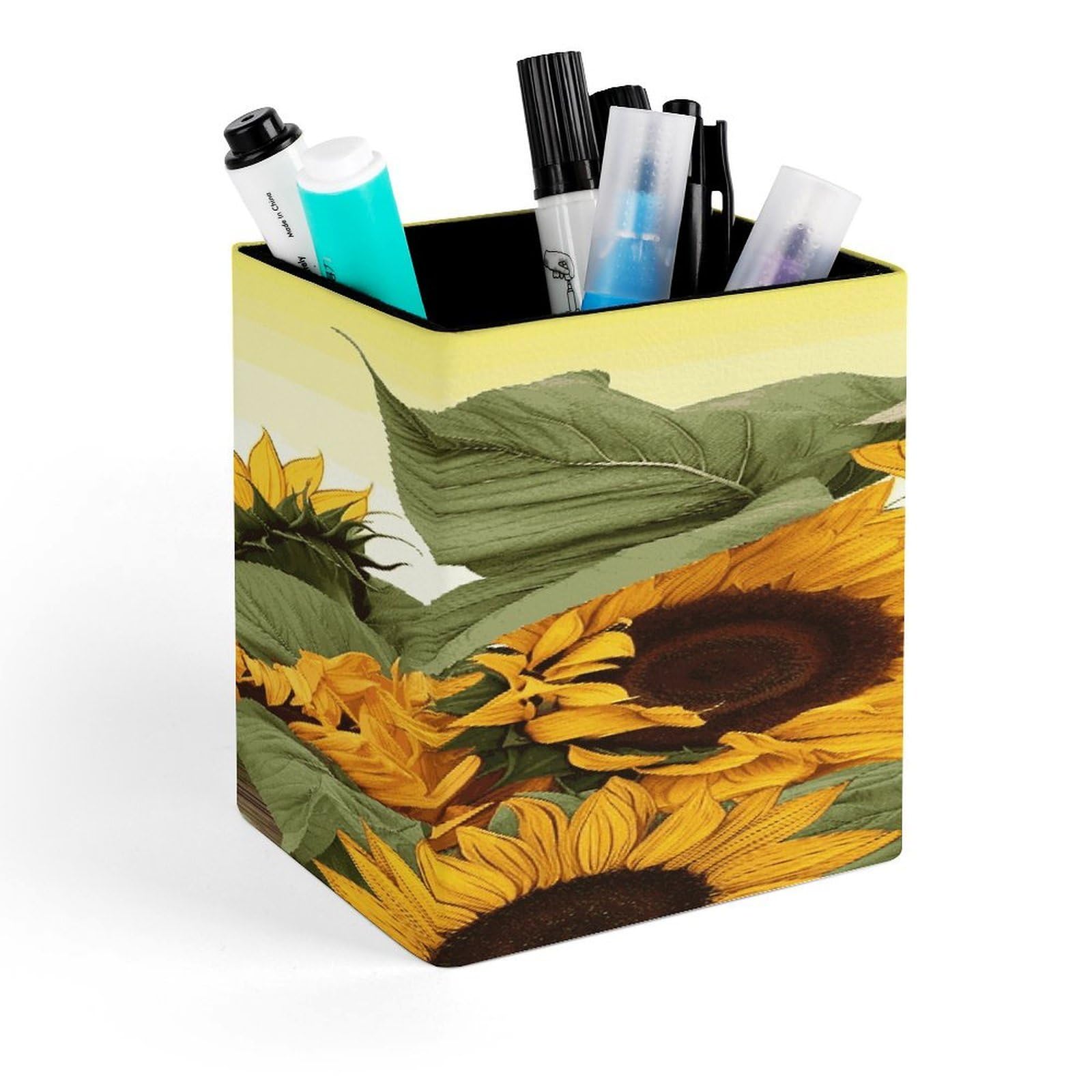 FekiLoot - Flower Pen Holder Sunflower Design Office Accessories Square Pen Container Box Desk Organizer Brush Holder