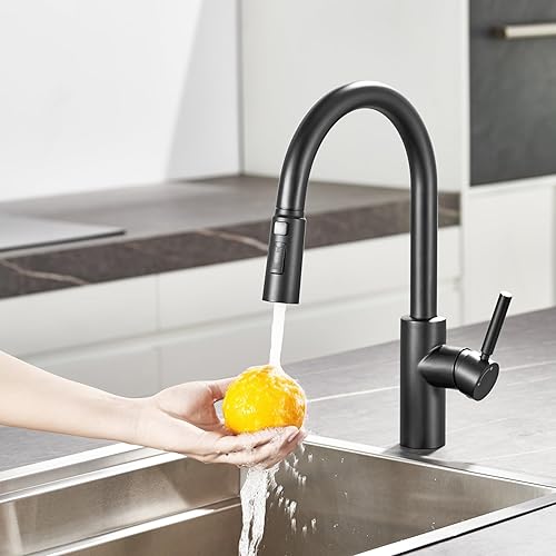 Miniatura 8 de OUEN Grifo de cocina negro mate con rociador extraíble, tres modos de acero inoxidable 304 negro grifo de cocina, moderno comercial rv monomando