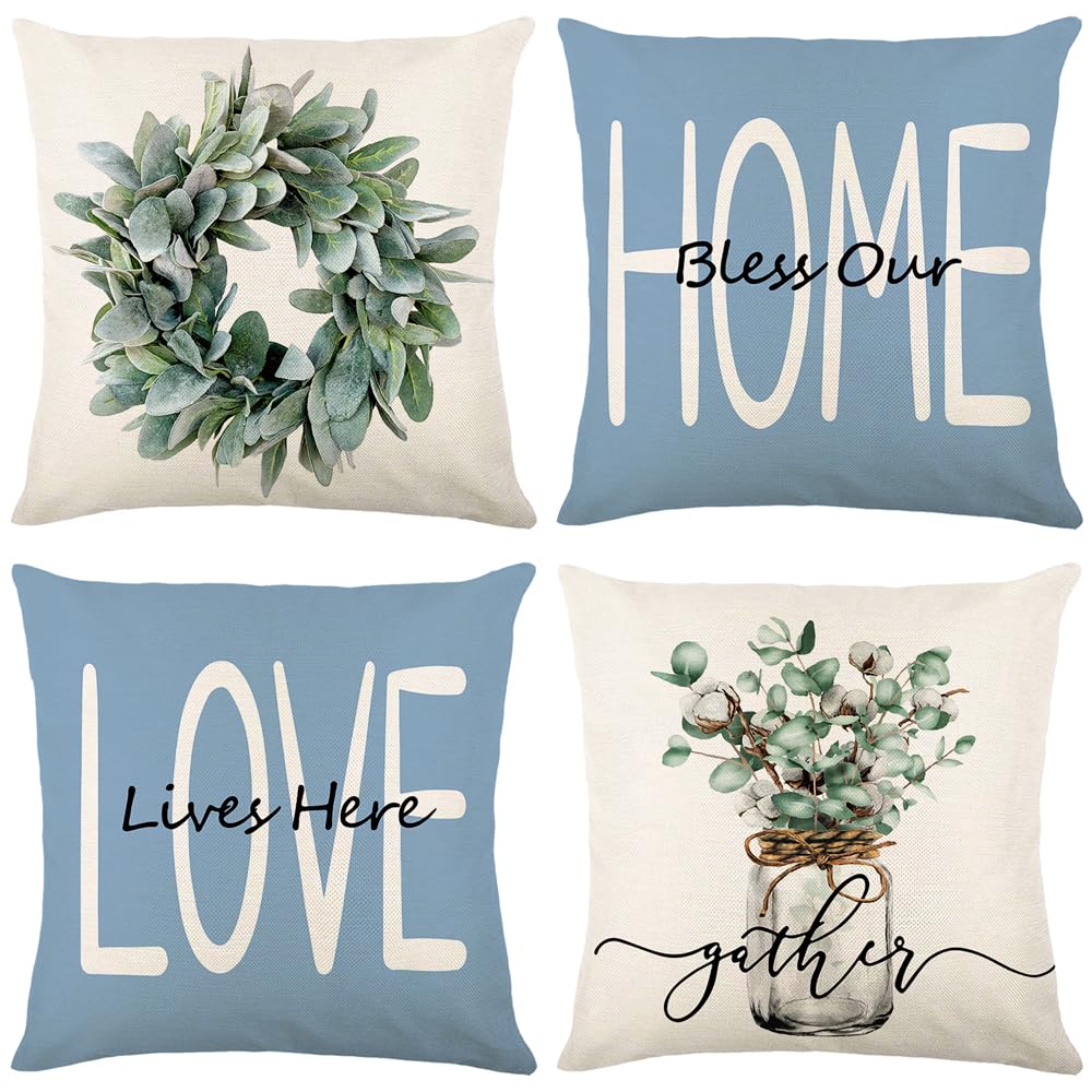 wyooxoo Throw Pillow Covers 18x18 Set of 4 Farmhouse Blue Pillow Covers Cushion Cases Decorative Pillowcases for Sofa Couch Living Room Outdoor Home