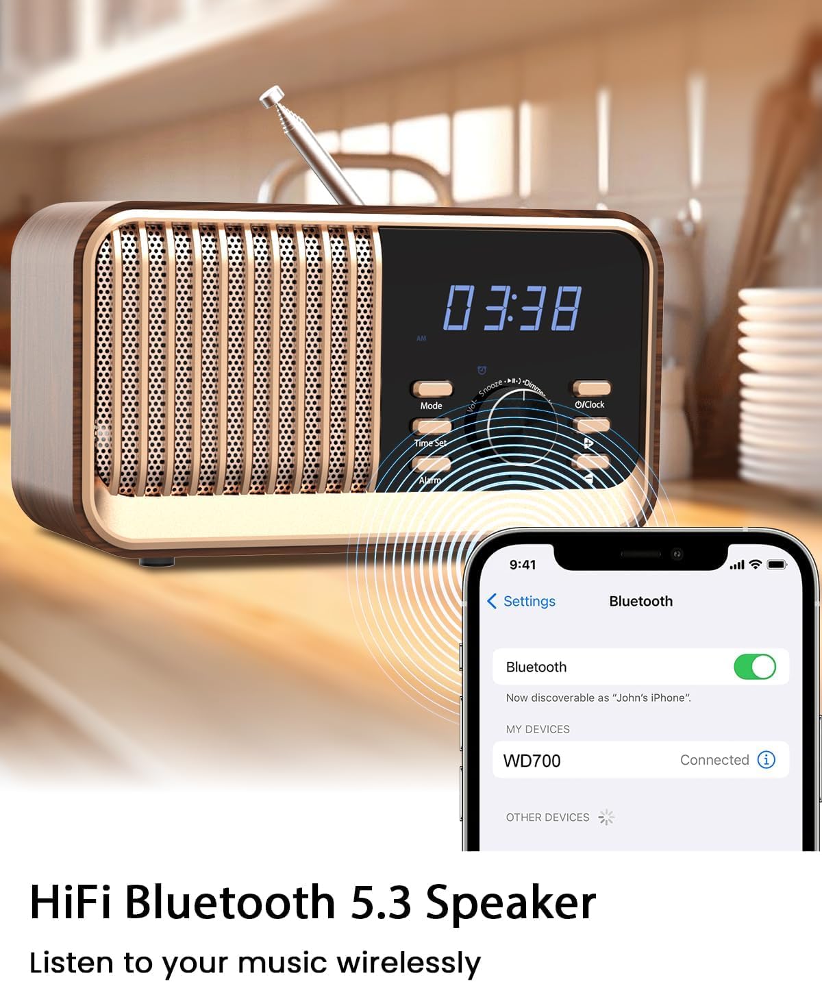 MONODEAL Radio despertador con función de carga, radio FM con altavoz Bluetooth (8 W), función de repetición, puerto USB, ranura para tarjeta TF, función de atenuación para el dormitorio