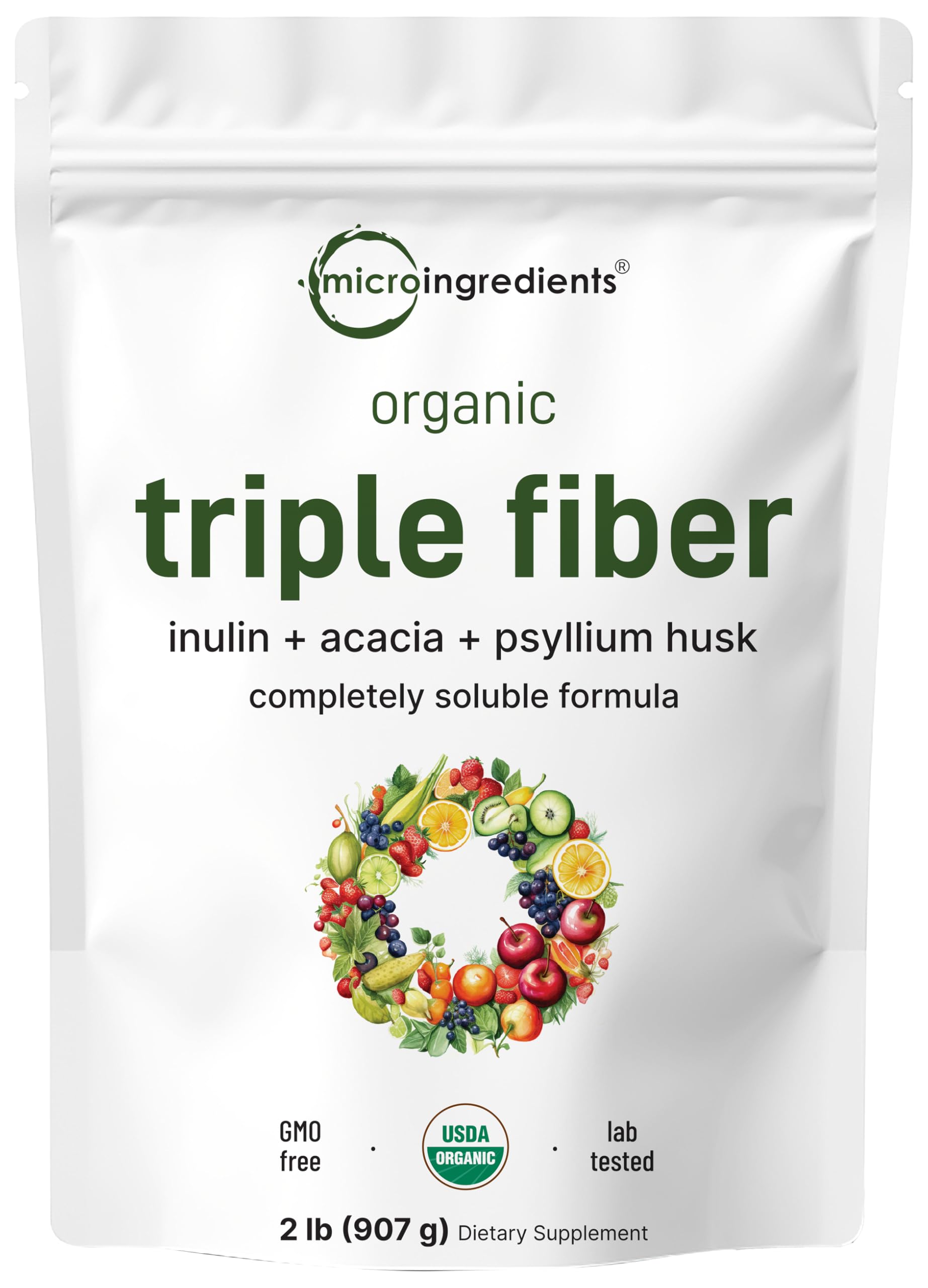 Micro Ingredients Organic Triple Fiber Powder, 2lb | Natural Prebiotic to Support Digestive & Gut Health | Soluble, Easily Digestible | Unflavored, Vegan