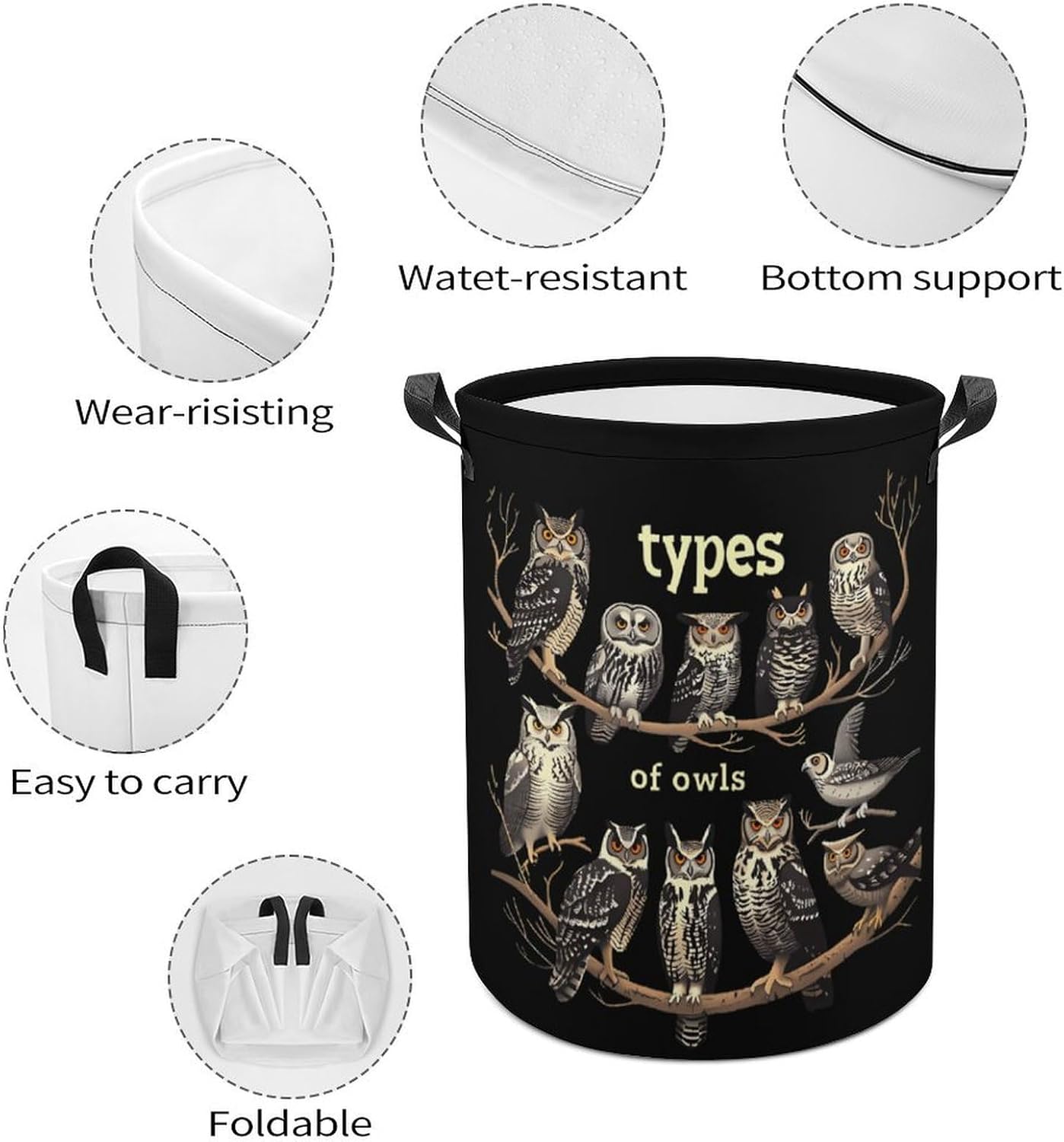 Types of Owls Owl Lover Novelty Collapsible Laundry Baskets Waterproof Clothes Hamper Storage Bins with Handles 13.8"x13.8"x17.3" 17.3"x17.3"x17.3"