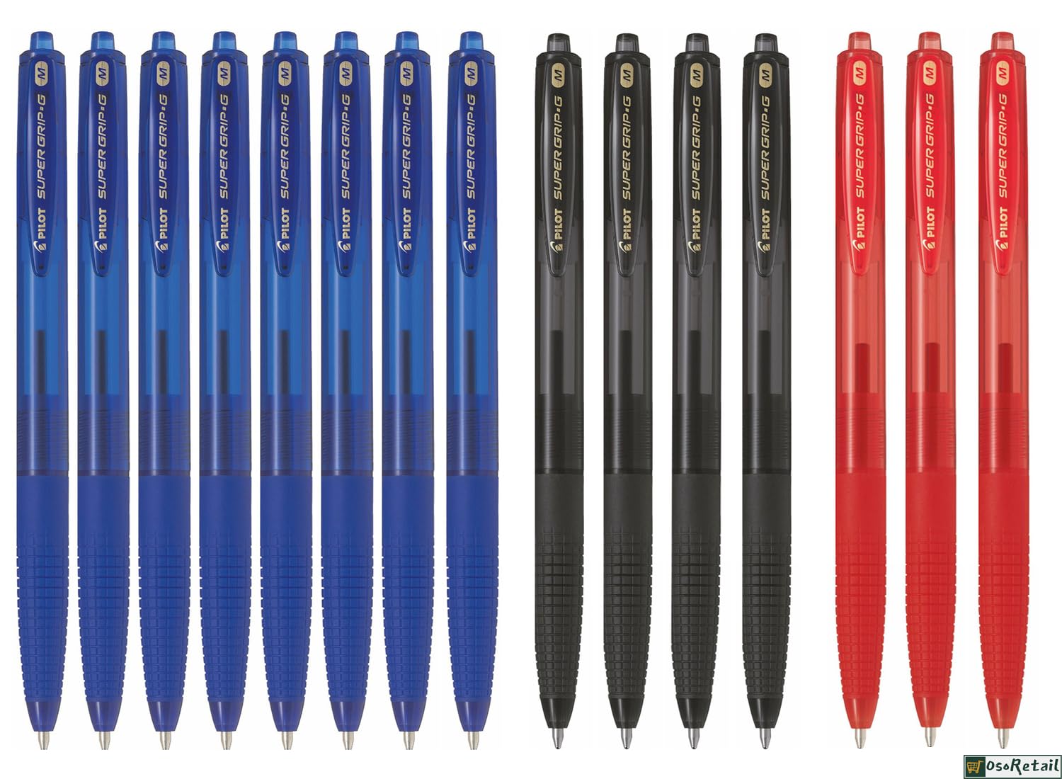 Pilot boligrafos Supergrip G | Boligrafo retractil, tinta base aceite | 15 unidades (8 azules,4 negros,3 rojo)
