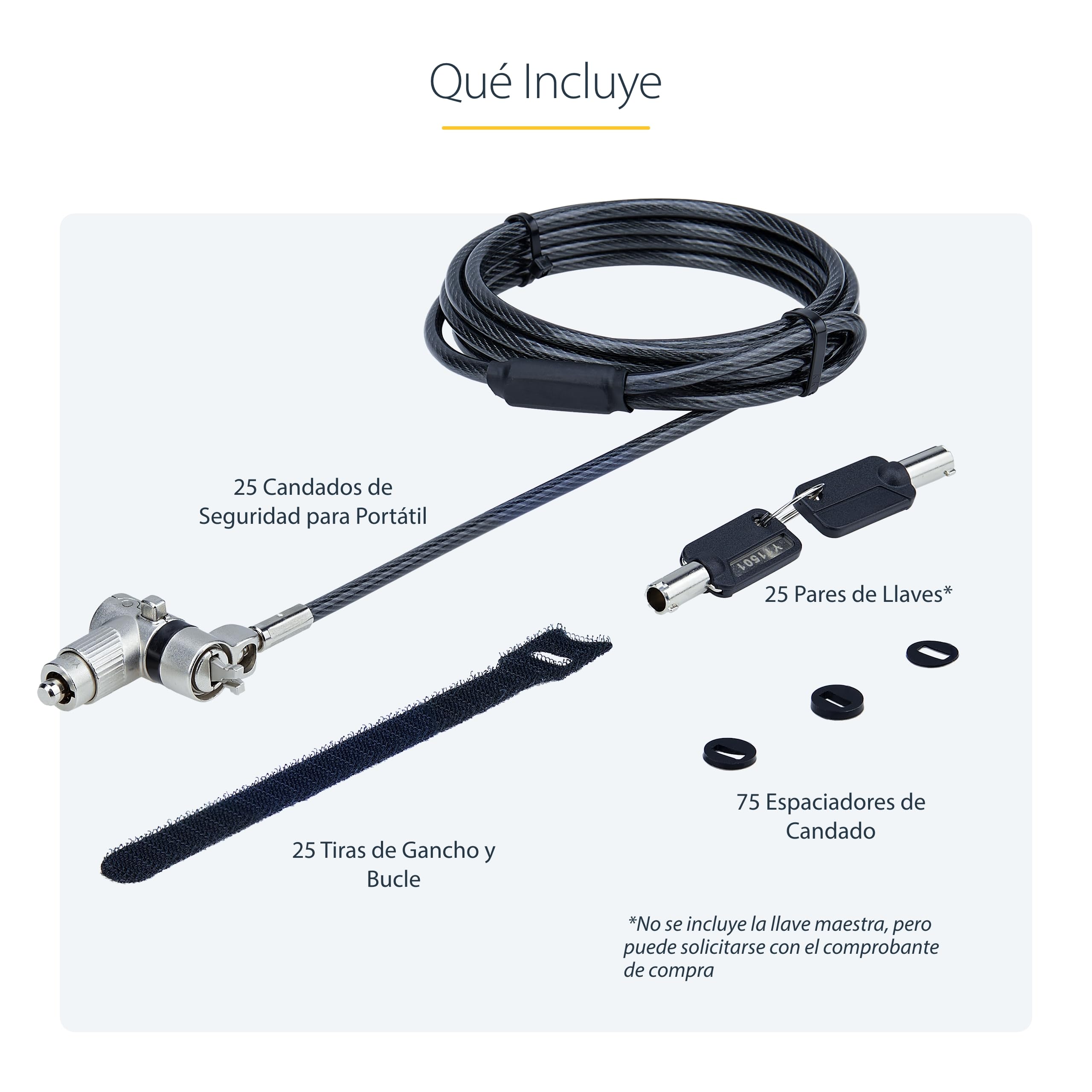 StarTech Pack 25 Candados Universales para Portátil, 2m, Llave Maestra | Llave maestra bajo pedido, Resiste 61, 2kg, Ideal para Responsables de TI