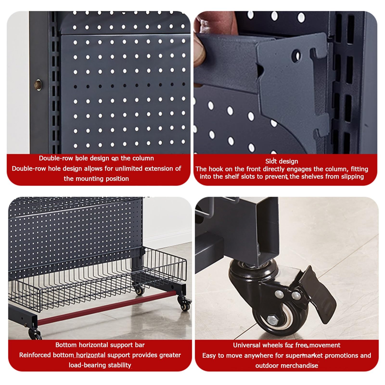 Rayonnage De Magasin Présentoir, Panneau Perforé Présentoir Avec 20 Crochets Garage Organiseur Pour Panneau Perforé Présentoir Avec Roulettes Pour Épicerie Fournitures De Bureau(Black,92x40x170cm)