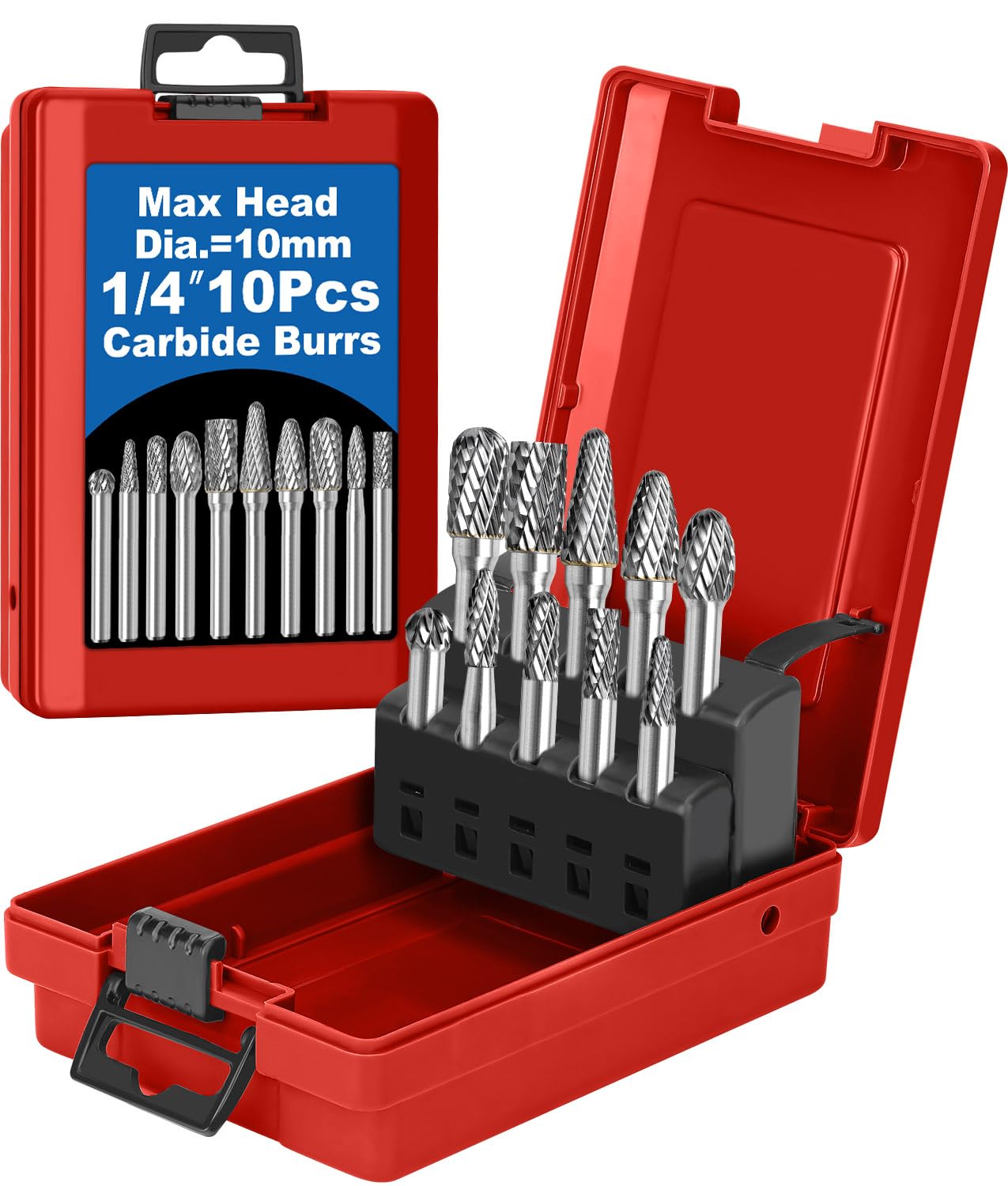 Sworker 10Pcs Carbide Burr Set 1/4 Shank w/Red Box Max Head Dia 10mm Die Grinder Bits Rotary Tools Attachment Kit Rasp Accessories Metal Wood Stone