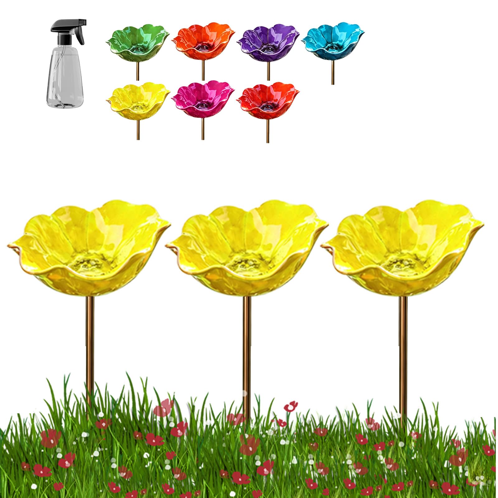 Handmade Metal Flower Garden Stake, Flower-Shaped Bird Bath & Bird Feeder for Nature Lovers, Colorful Butterfly Bee Watering Station for Outdoor Garden Lawn Yard Patio Landscape Decor (Yellow×3)
