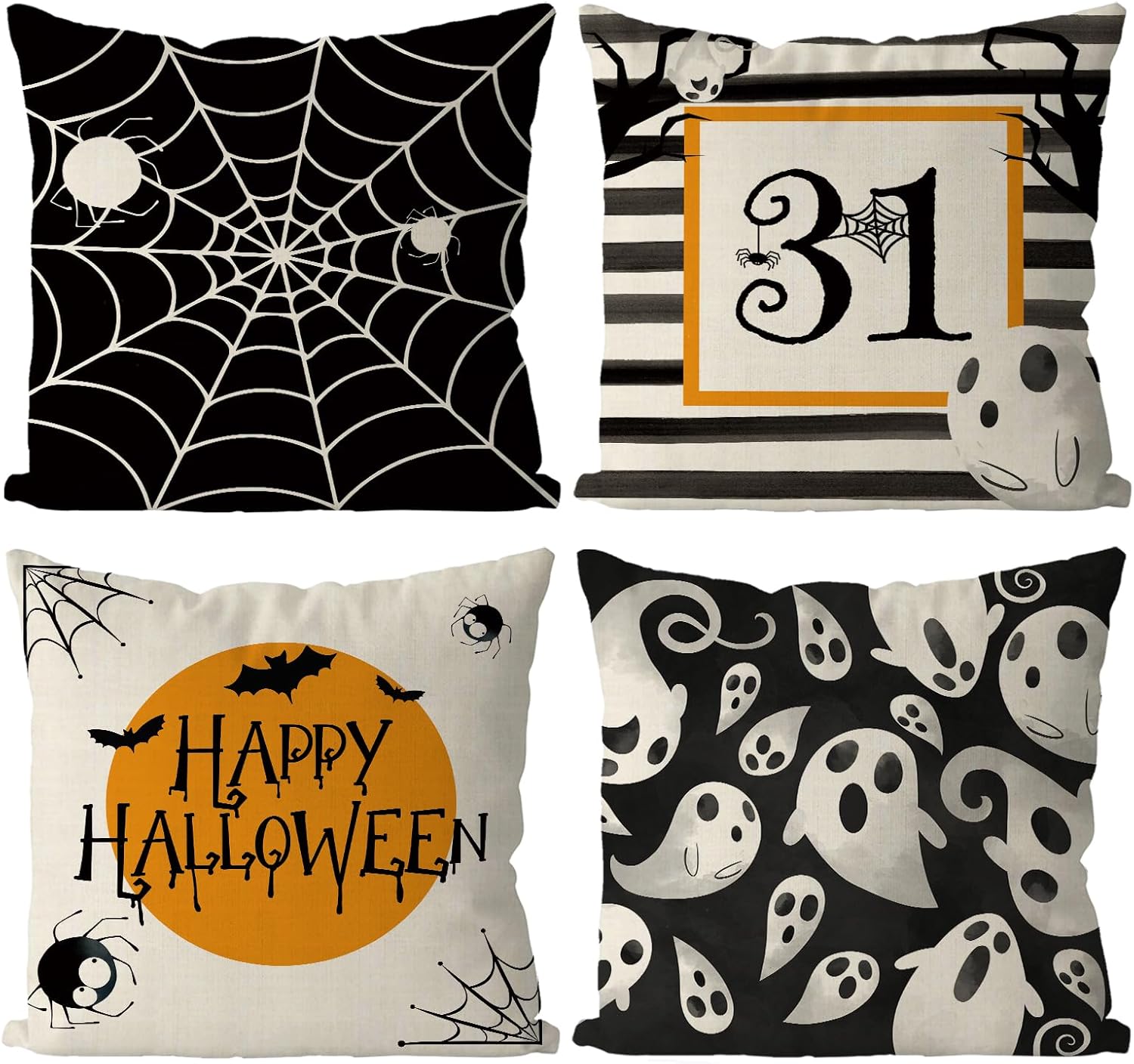 Set of 4 Halloween Spider Web and Ghost Pillow Covers (18×18 Inch)