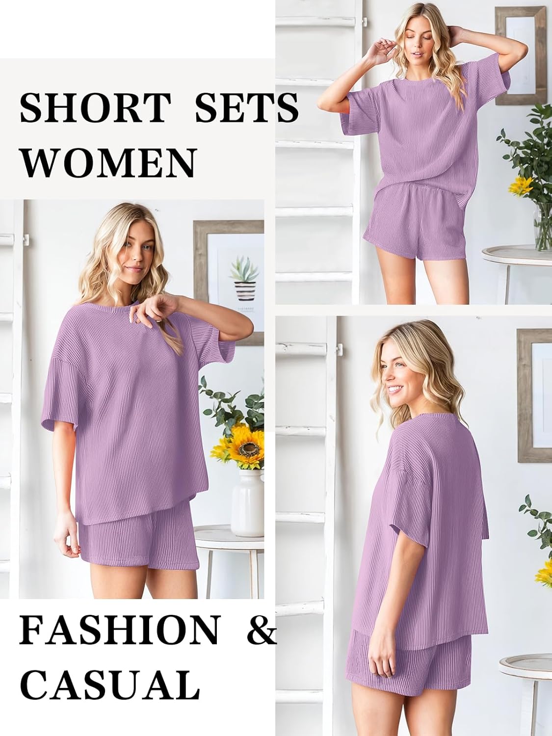 Two Piece Sets for Women Summer Short Sleeve T Shirts and Shorts Matching Lounge Set Crew Neck Loungewear Pajamas Outfits - Image 2