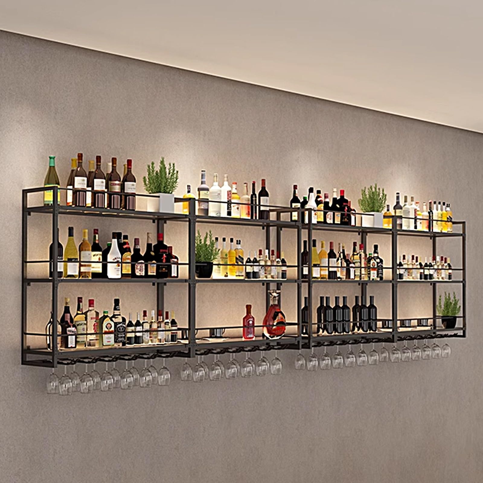 Botellero Vino Pared Industrial Botellero de Hierro, Botellero Vintage Simple de Pared, Botellero Pared Negro con Soporte para Copas de Vino y Luz Led(100 * 25 * 58cm)