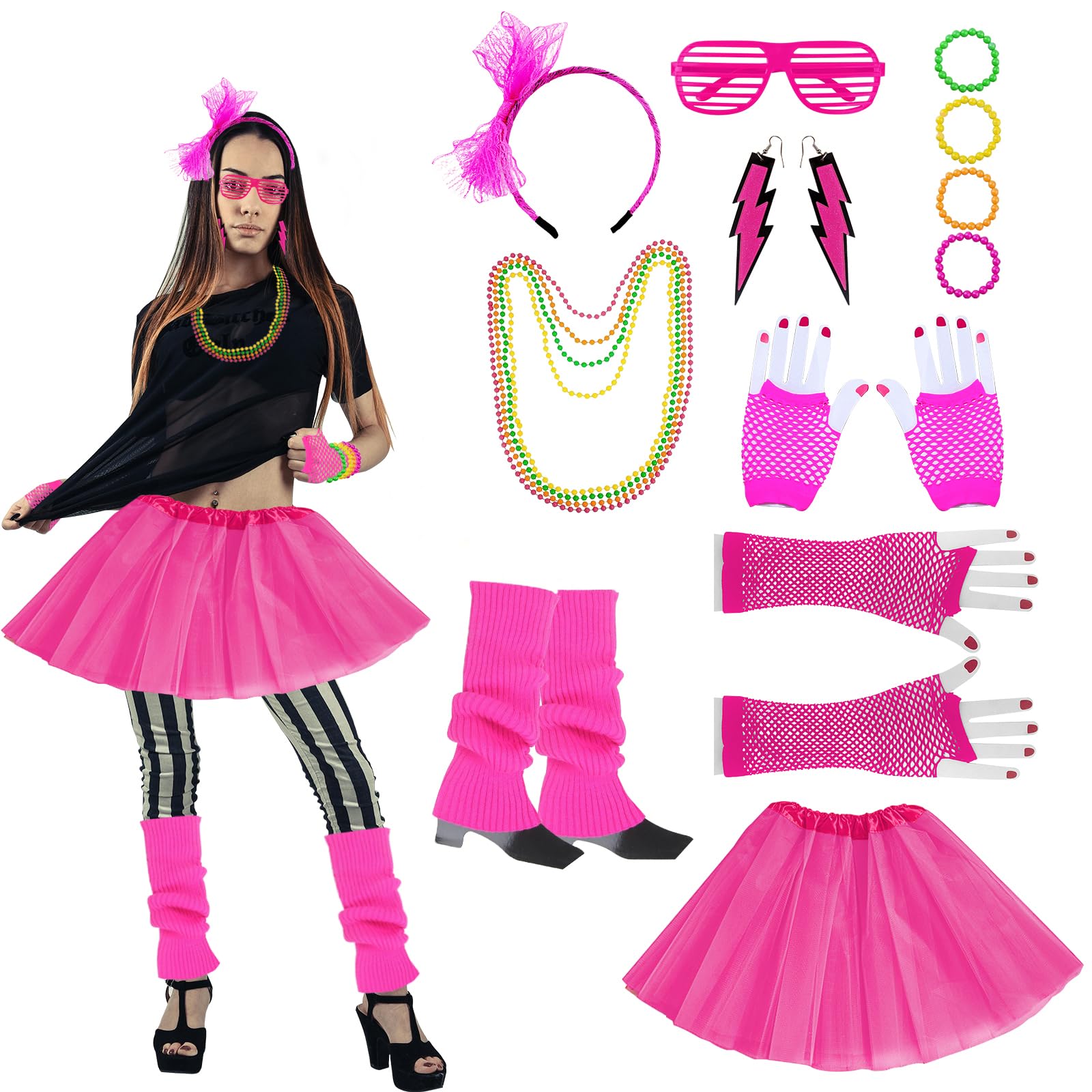 YOOCHUENG 80s Accessories for Women,Neon Clothes,Disco Clothes for Women,14 PCS Woman Fancy Dress Costumes,80s Outfits for Woman,Fancy Dress Accessories