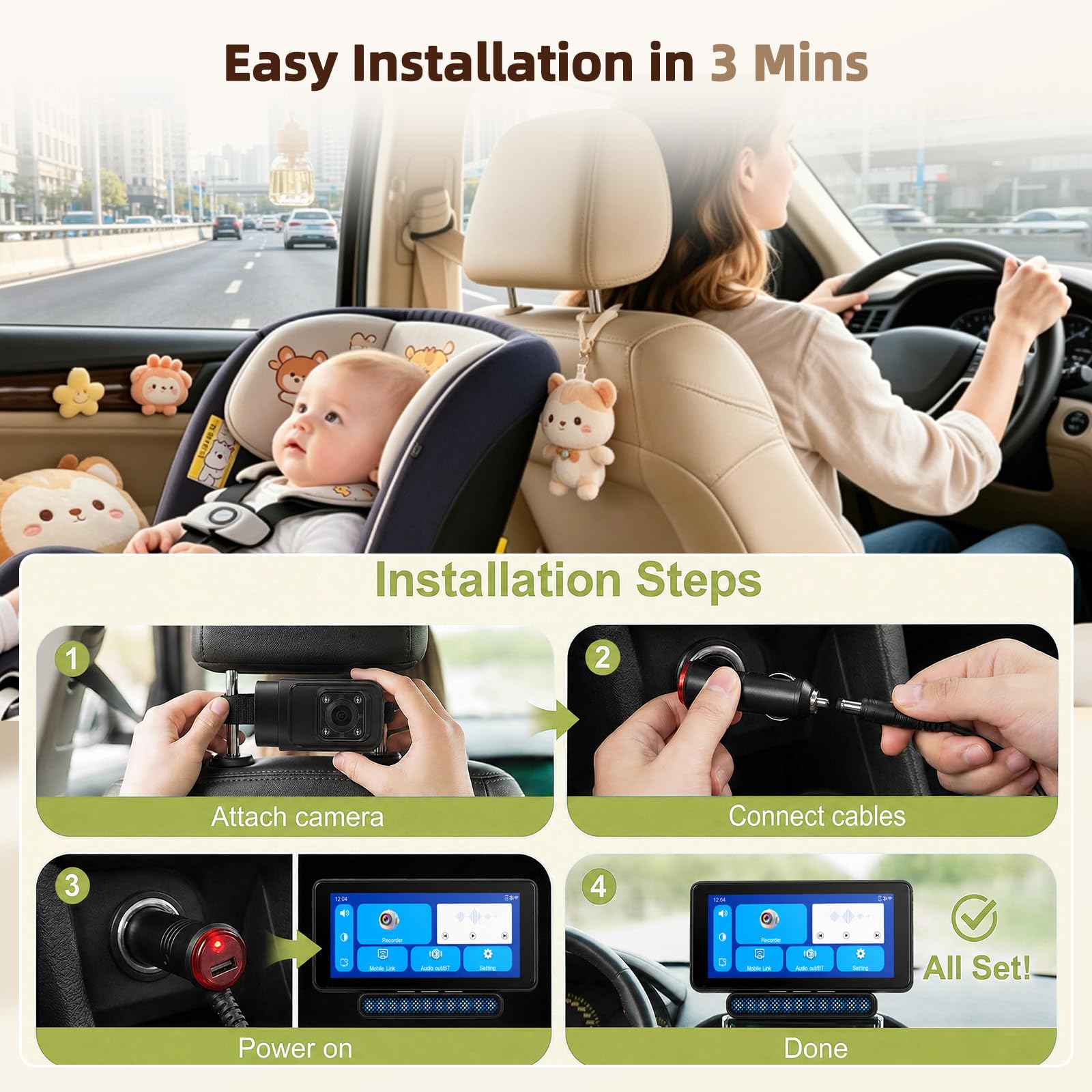 Telecamera per bambini da 6,86 pollici con supporto CarPlay, Android Auto e Bluetooth per auto, camion e furgoni, compatibile con poggiatesta.