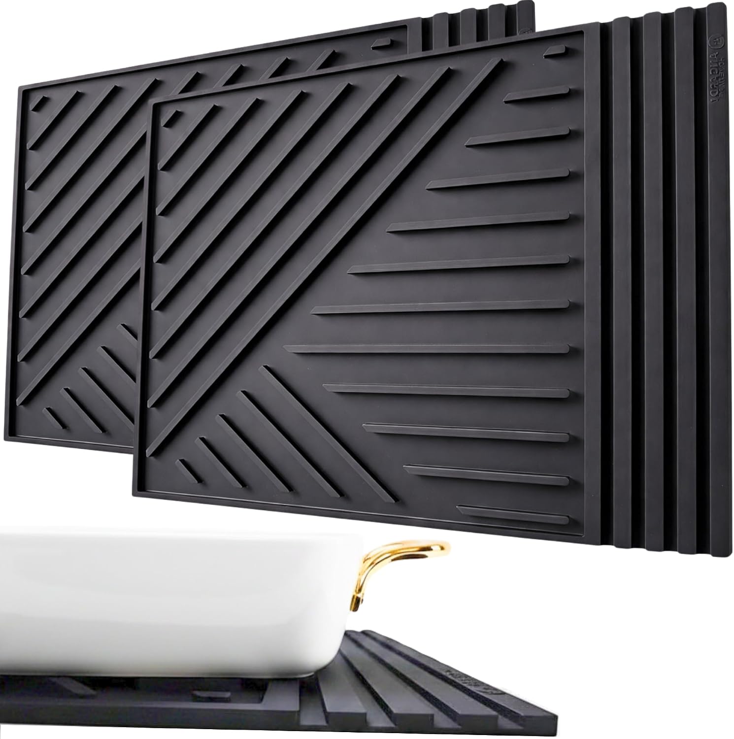 2 Pack Silicone Trivets for Hot Dishes 16x12 Inch with Modern Design, Heat Resistant Hot Pads for Countertops, Pot Holders for Kitchen Decor - Black