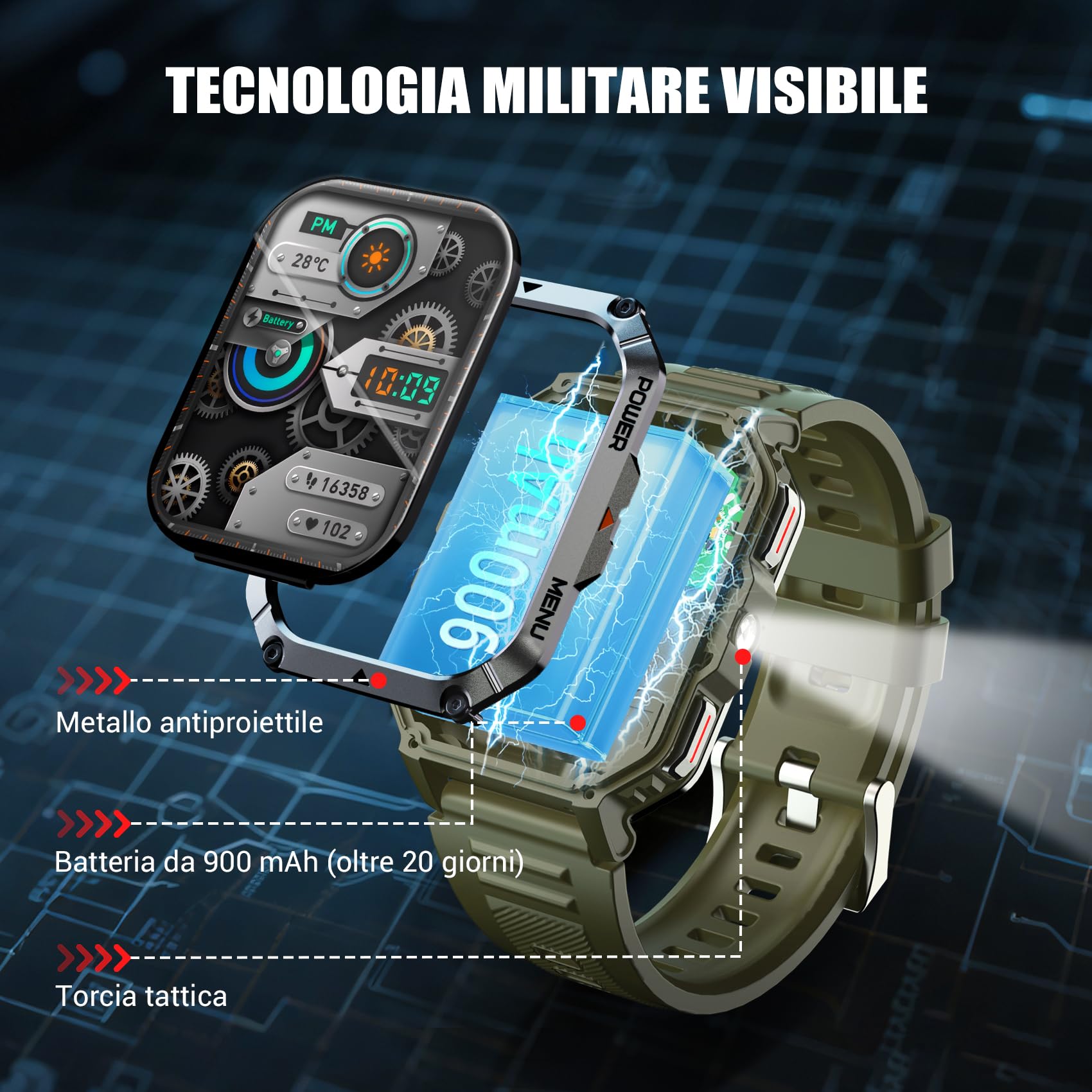 IOWODO Smartwatch Uomo Militare 2.01" con Chiamate Bluetooth, Batteria 900mAh Grande, Torcia LED, Bussola, IP68 Impermeabile, Monitoraggio Cuore/Ossigeno/Sonno, 123 Modalità Sportive, 2 Cinturini
