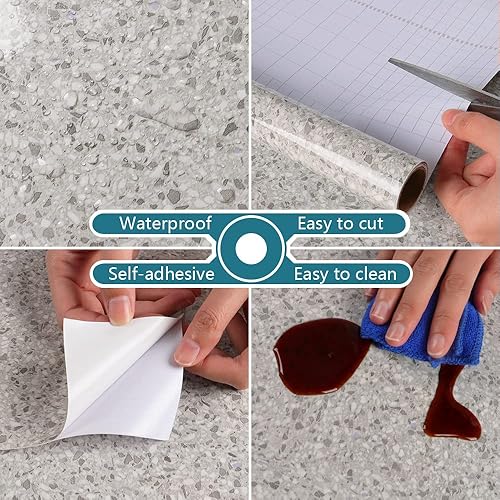 Miniatura 8 de VEELIKE Papel de contacto de granito gris de 15.7 x 118 pulgadas, resistente al agua, granito para encimeras de cocina, papel tapiz de mármol gris,