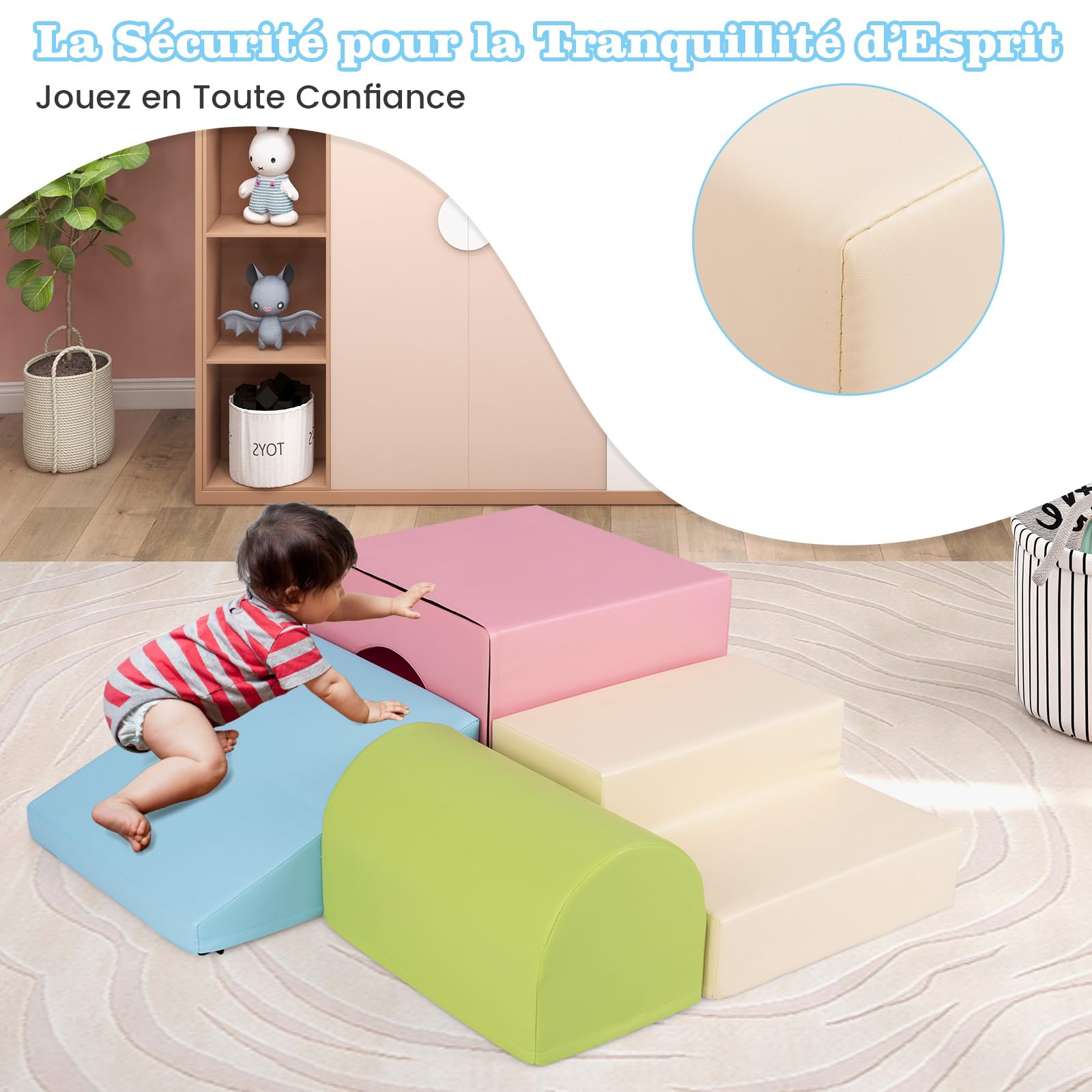 COSTWAY 4 PCS Parcours Motricité Bébé en Mousse avec Housse Amovible en PU, Module Motricité Bébé avec Toboggan & Différentes Formes, Jouets Éducatifs Colorée pour Grimper Ramper (Rose+Beige)