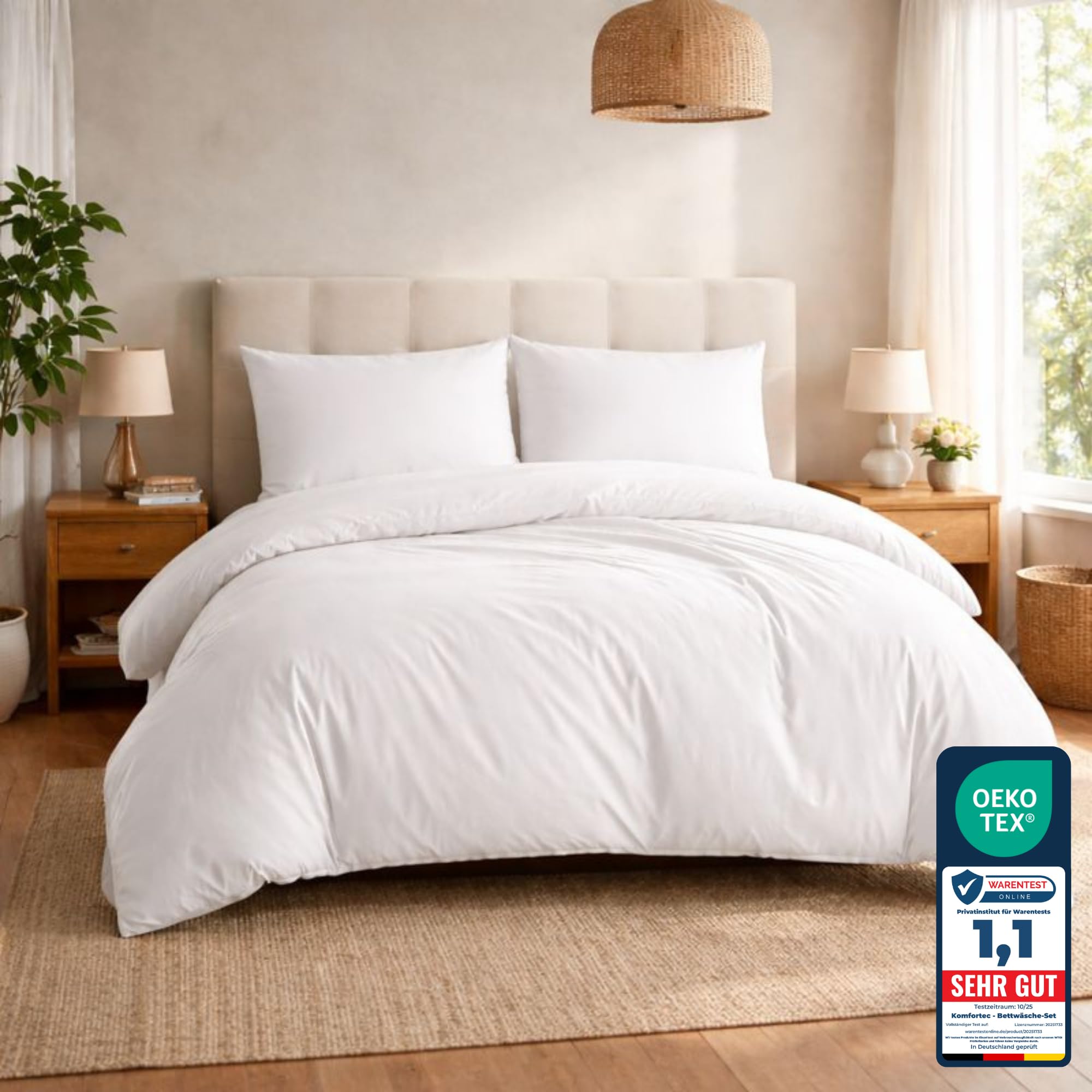 Komfortec Premium Bed Linen 240 x 220 cm with 2 Pillowcases 40 x 80 cm Brushed Microfibre - White