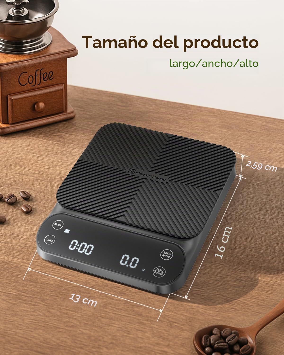 Maestri House S3 Báscula de café con temporizador, 3 kg/0,1 g, recargable, báscula digital de espresso, 3 modos de preparación, proporciones de preparación e indicador de flujo ajustables, para Pour