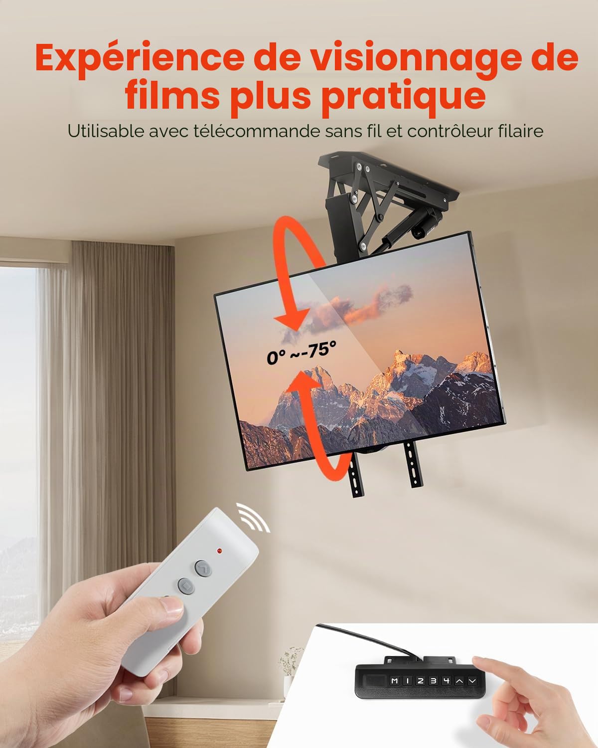 VEVOR Support TV Plafond Motorisé pour Écrans 32-65 pouces/81,3-165 cm, Fixation TV Réglable Électriquement, Accroche Téléviseur avec Capacité de Charge de 40 kg, Max. VESA 600x600 mm, Maison Bureau