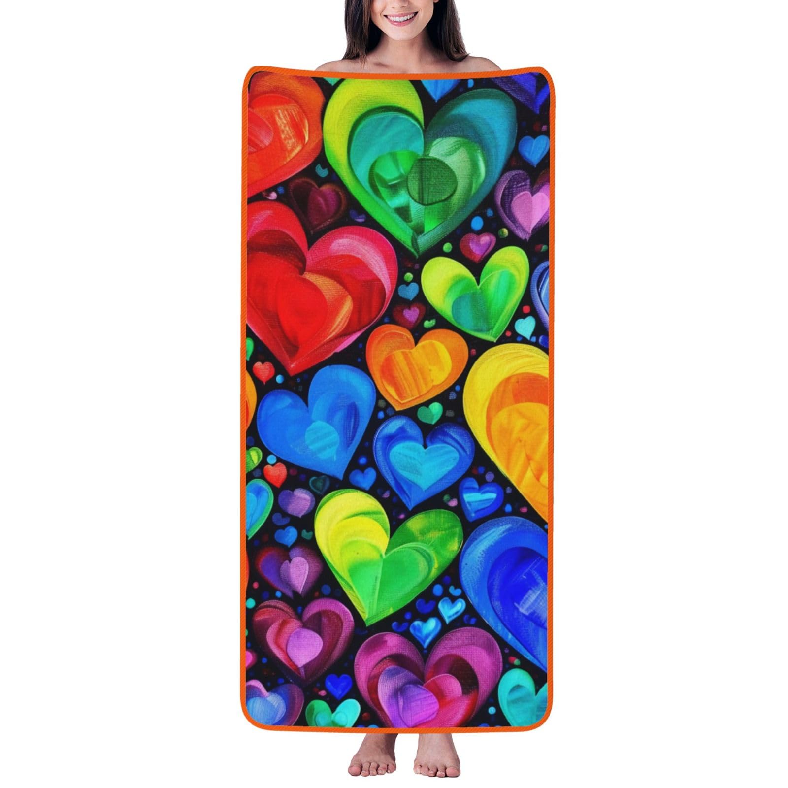 WPKJU Rainbow Hearts Printed Bath Towel with Orange Edging - 27x55 in Soft Extra Absorbent Coral Velvet Shower Towels for Bathroom