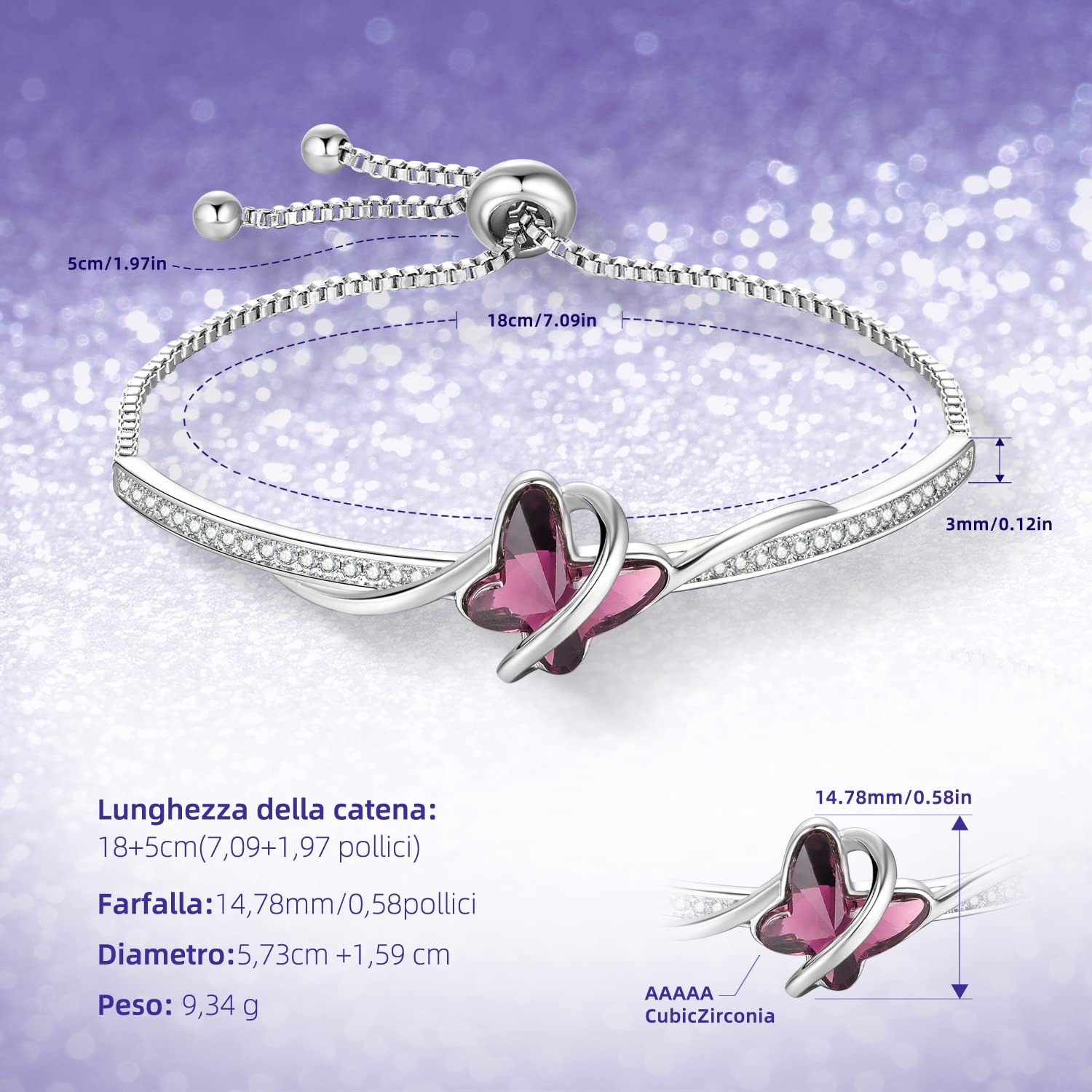 GEORGE · SMITH Bracciale in argento per donna, Bracciale regolabile Bracciale a farfalla in cristallo blu/viola - Regalo di Natale, anniversario, compleanno per donna con scatola
