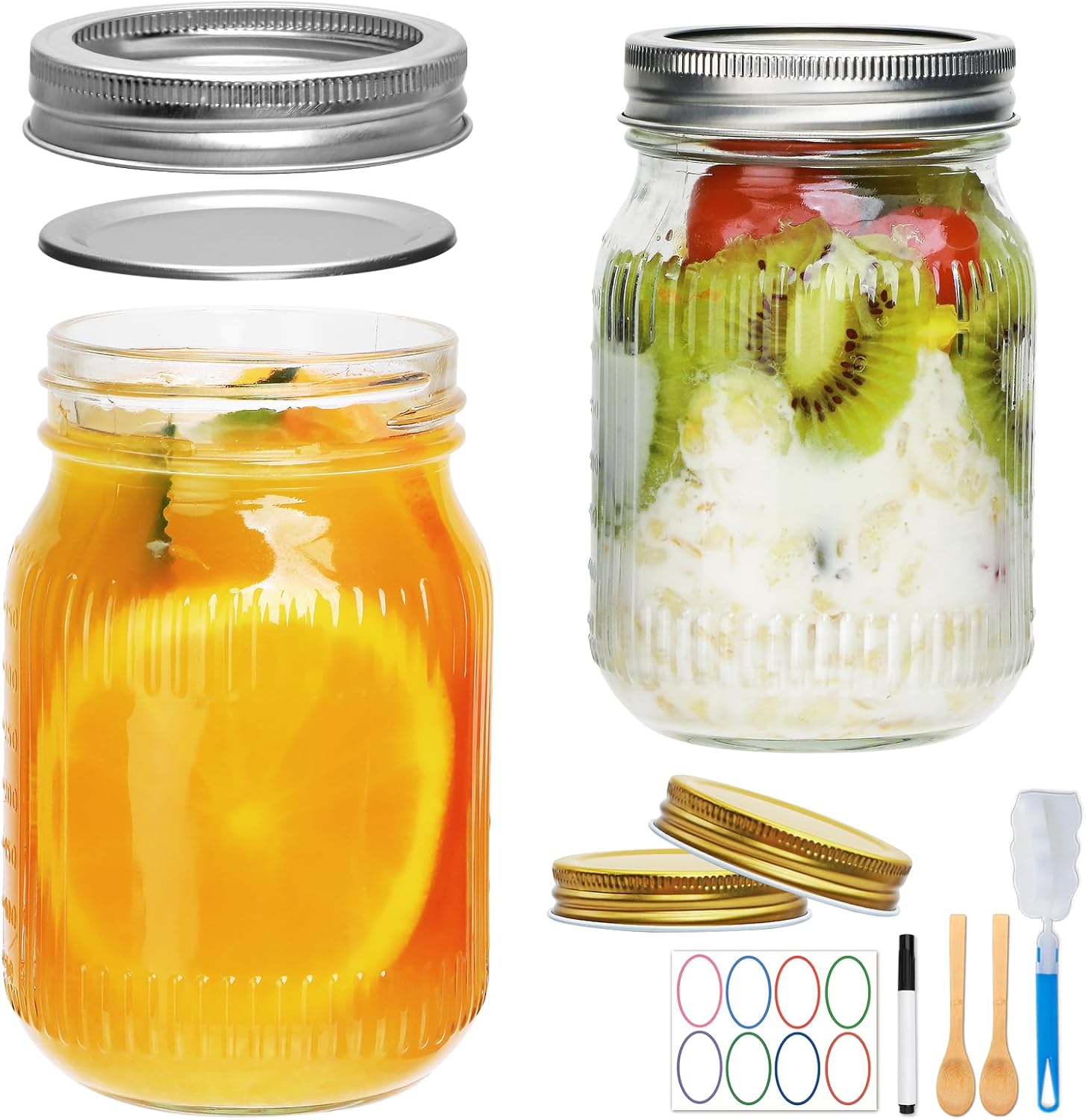 Datttcc 16oz Mason Jars with Airtight Lids, Bamboo Spoons, Sponge Brush, Labels & Marker - 2 Pack for Food Storage, Oats & Crafts