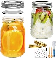 Datttcc 16oz Mason Jars with Airtight Lids, Bamboo Spoons, Sponge Brush, Labels & Marker - 2 Pack for Food Storage, Oats & Crafts