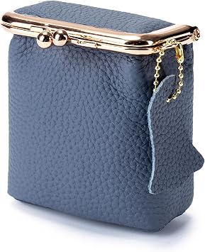 Leather Coin Purse for Women, Portable Vintage Wallet Mini Lipstick Holder Fashion Solid Color Kiss Lock Key Storage Square Pouch Blue