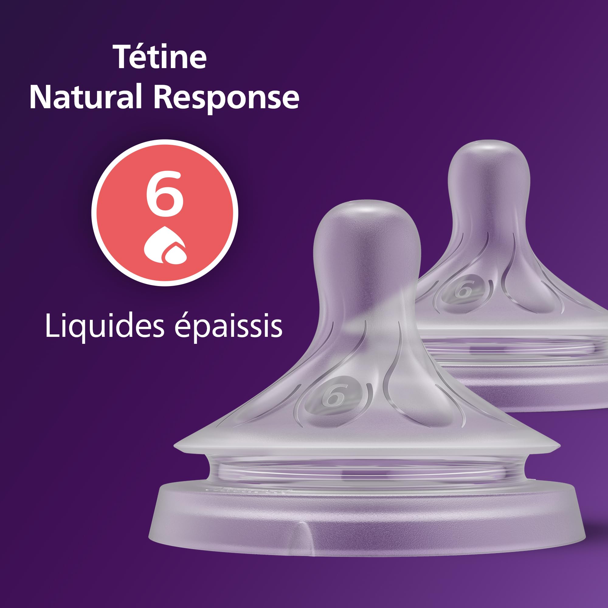 Philips Avent Lot de 2 tétines pour biberon à Réponse Naturelle 0% BPA, Débit 6 liquides épaissis pour Bébé de 6 mois + (modèle SCY966/02)