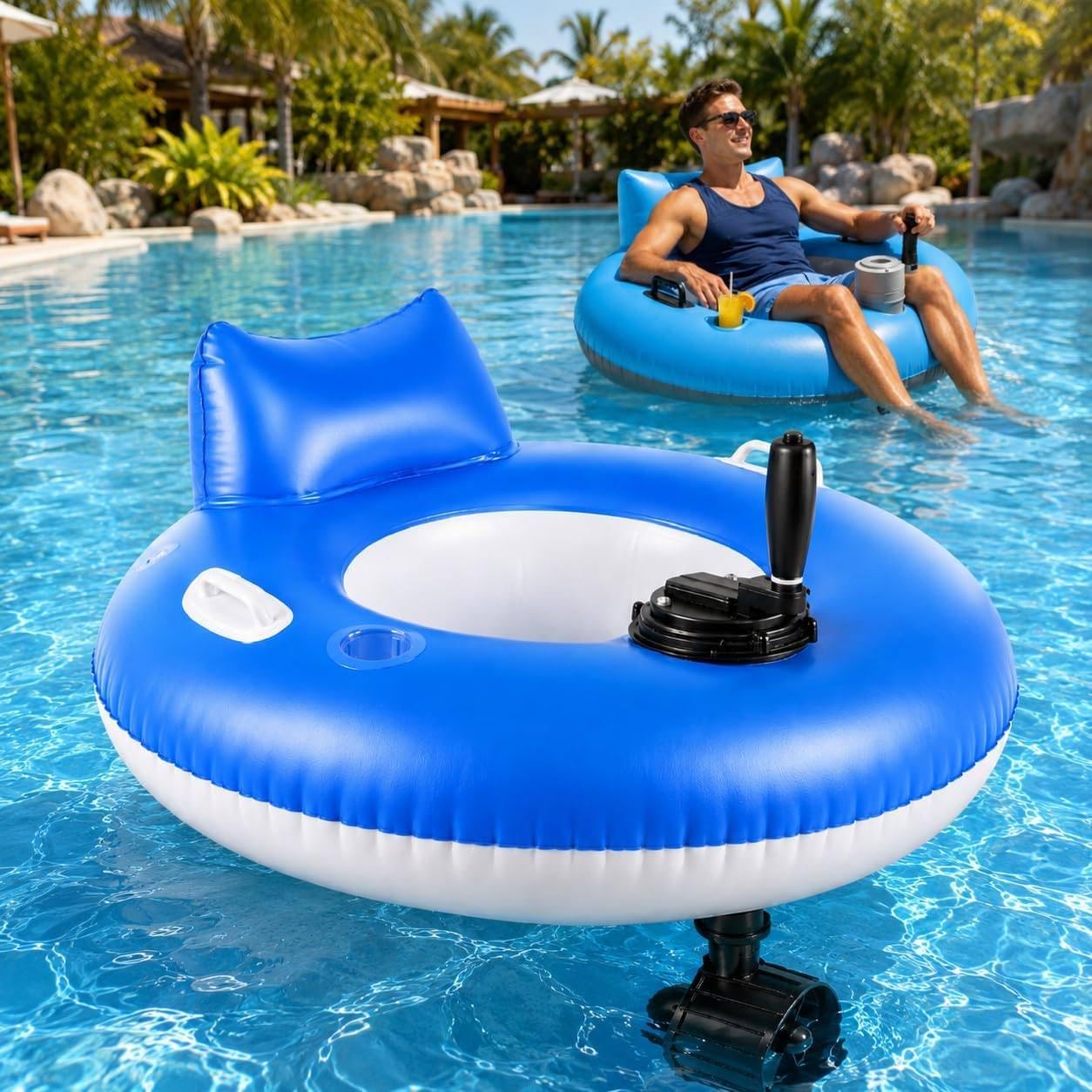 Flotador Motorizado Hinchable Adultos 360° Doble Motor Recargable Verano A | Tumbona Eléctrica Joystick Hélice Giratoria Respaldo Portavasos Piscina Lago Playa Río Relax Verano
