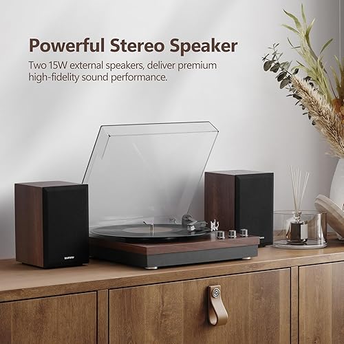 Miniatura 7 de Tocadiscos, tocadiscos de 3 velocidades con dos altavoces externos de 15 W, entrada Bluetooth, entrada auxiliar, reproducción USB y grabación