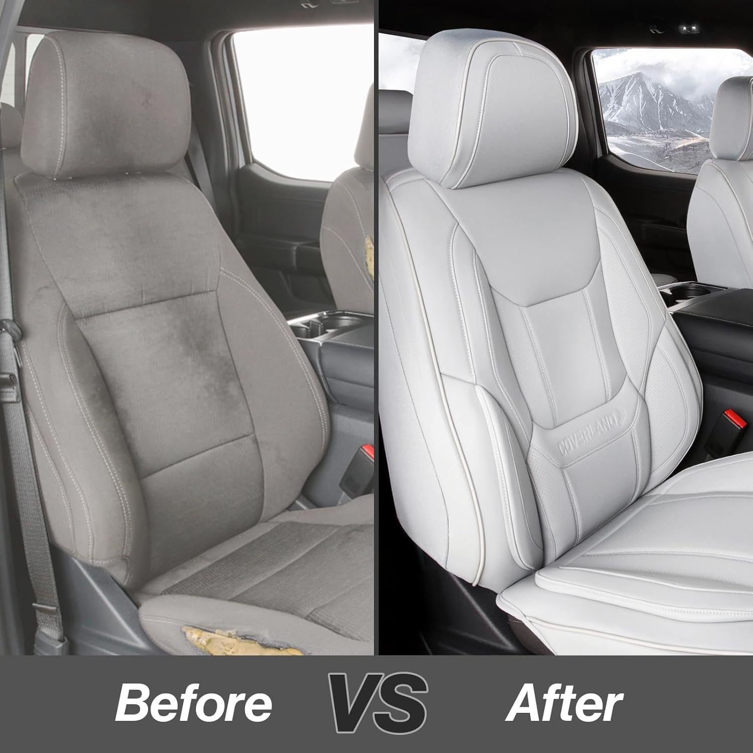 Coverland Custom Car Seat Covers Full Set, 2017-2024 F-250 Super Duty Crew Cab, Super Cab, Airbag Compatible, Water Resistant Leather, Memory Form Back Support Car Seat Cushion (Full Set - Gray)