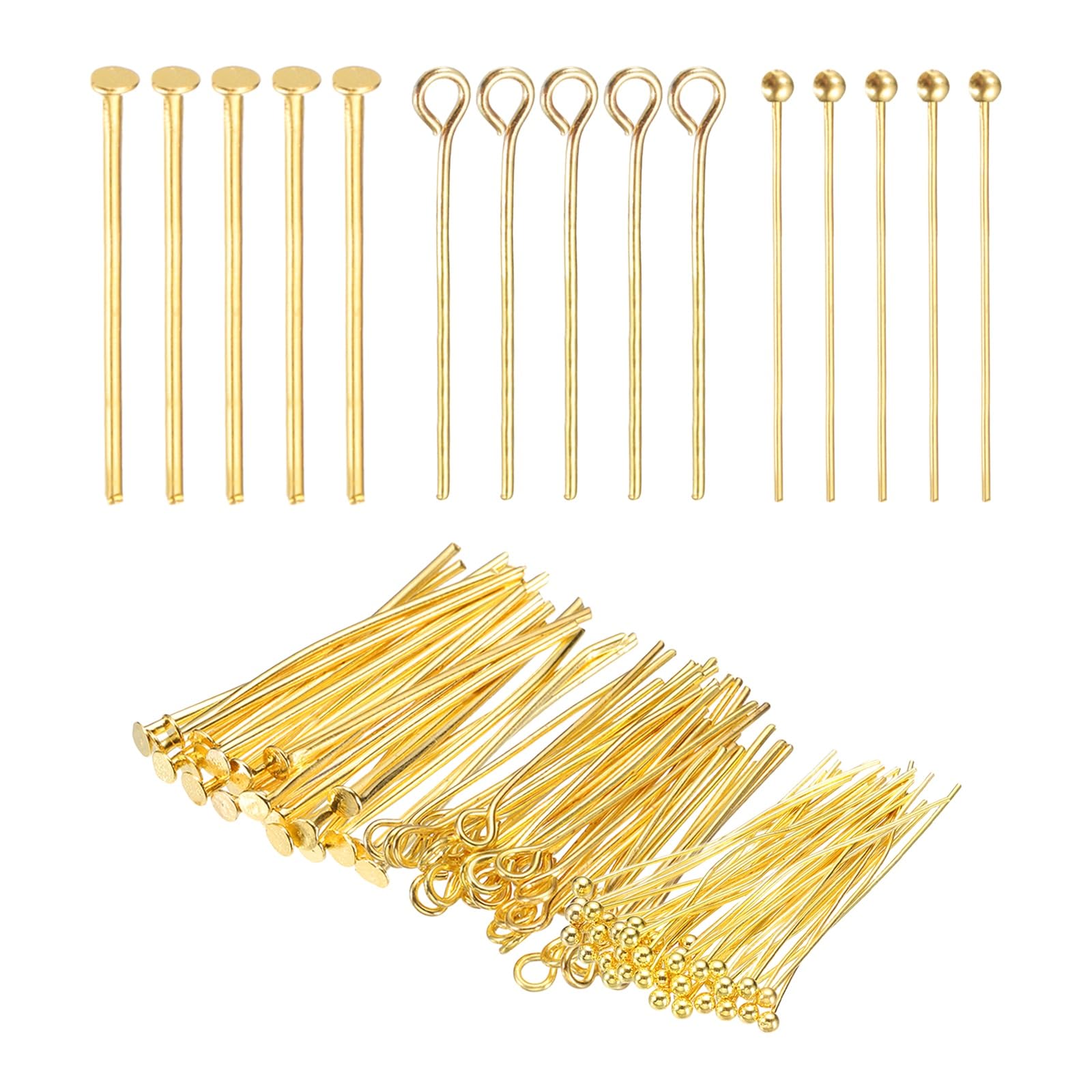 PATIKIL Head Pins Set for Jewelry Making, 600 Pcs 3 Styles 0.98" Flat Head & Ball Head Pins & Eye Pins Findings for DIY Necklaces, Earrings, Bracelets Making Supplies (Gold Tone)