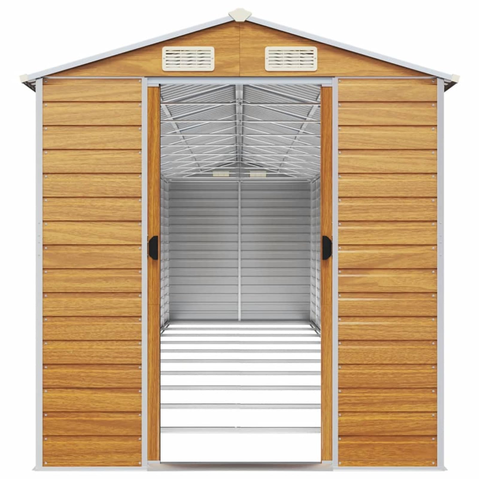 Casetta da Giardino per Attrezzi, Capanno in Lamiera d'Acciaio con Tetto Inclinato, Ripostiglio per Attrezzi con Porte Scorrevoli per Giardino,Capanno Giardino Marrone Chiaro 191x895x198cm Ac