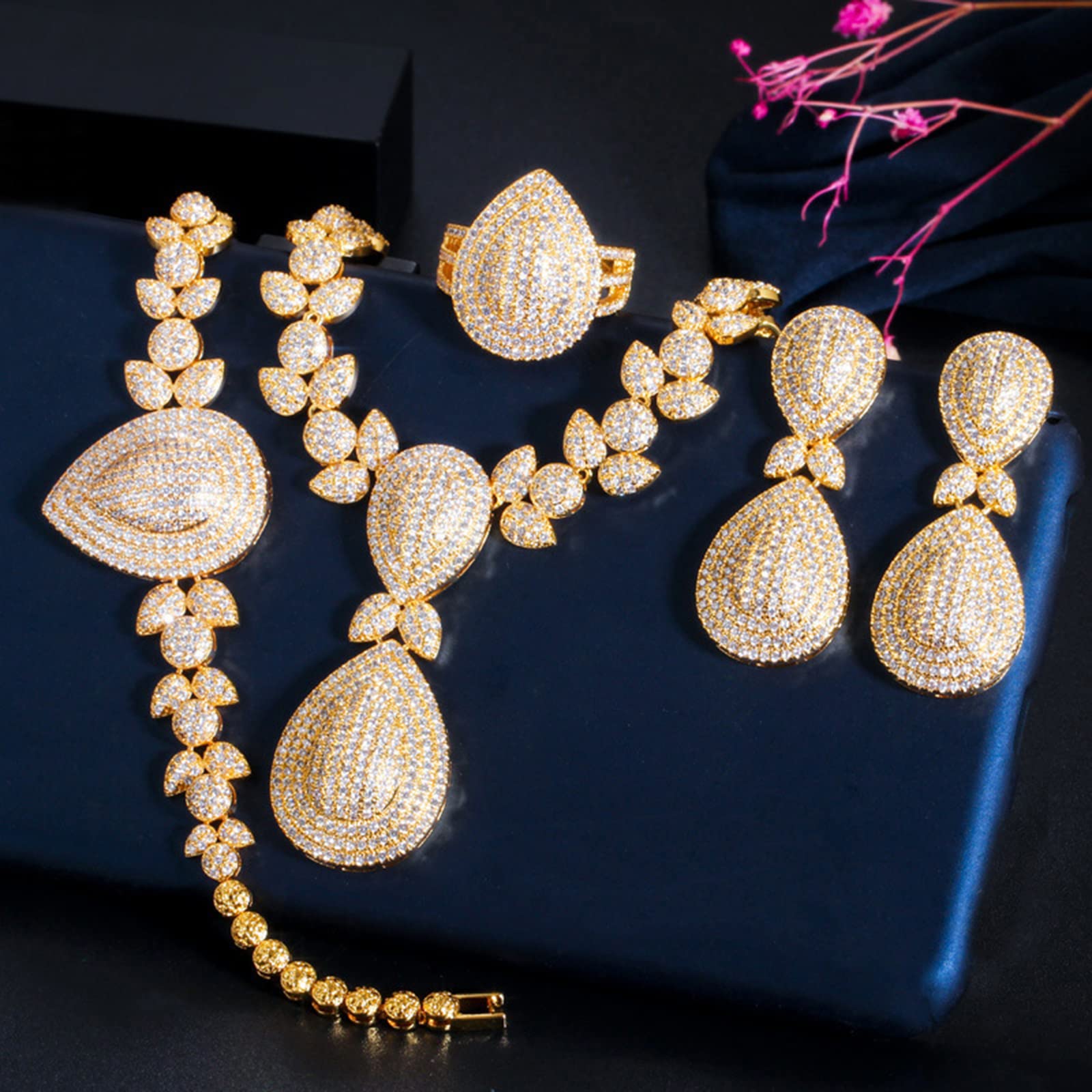 SVRITE Dubai africano placcato oro 18 carati, collana e orecchini, bracciali e anelli da donna, set di gioielli italiani per sposa, accessori per feste di nozze, in metallo, non è una