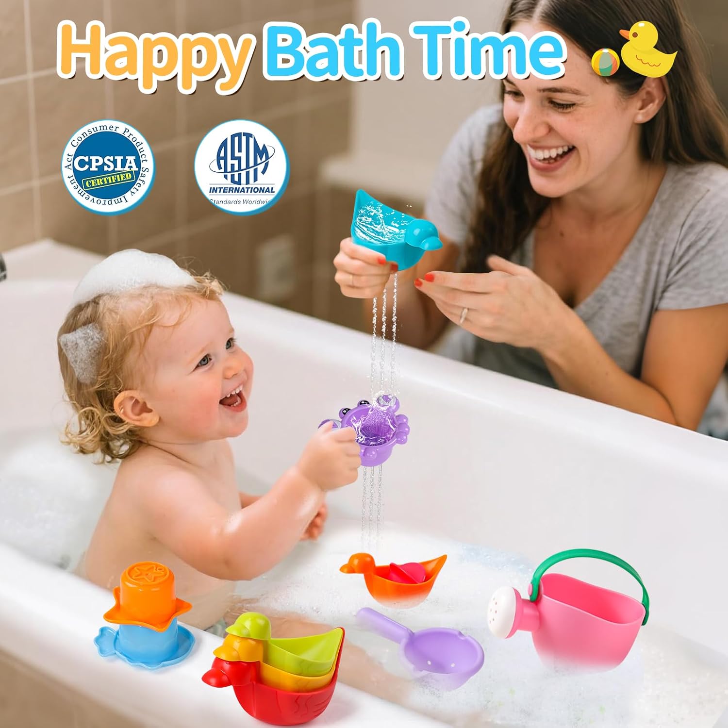 Toddler Bath Toys for Kids Ages 1-3 10 PCS Baby Bath Toys Mold Free with Multi Color & Shape Stacking Cups Bathtub Sand Pool Water Toys for 1 2 3 4 5 6 Birthday Gifts