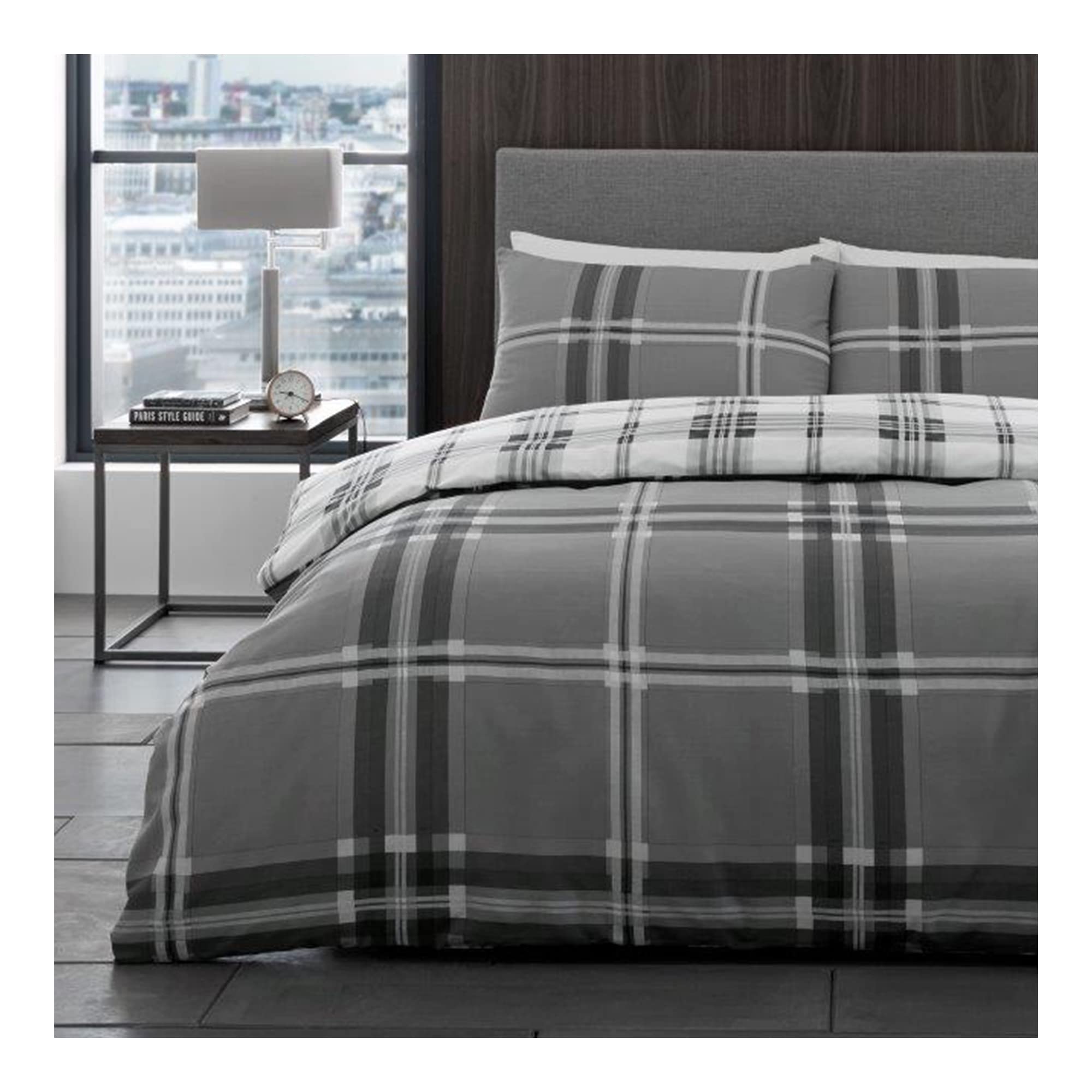 Lions Check Bedding Set - Bed Duvet Covers Double Size with Matching Pillowcase, Ultra Soft Reversible Poly Cotton Quilt Covers, Button Closure, 200x200cm, Bardsley Grey