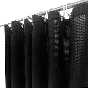 Waffle Textured Fabric Shower Curtain 71x71in, Waffle Weave Cloth Shower Curtain with 12 Plastic Hooks Washable Waterproof for Bathroom Shower, Black