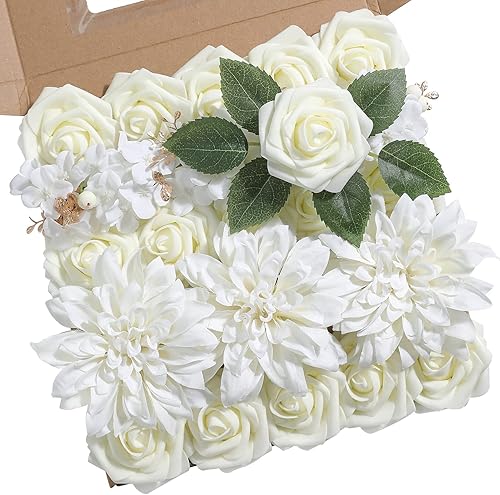 Juego de caja combinada de flores artificiales, hojas de flores de color degradado con tallos para ramos de boda, centros de mesa, baby shower,