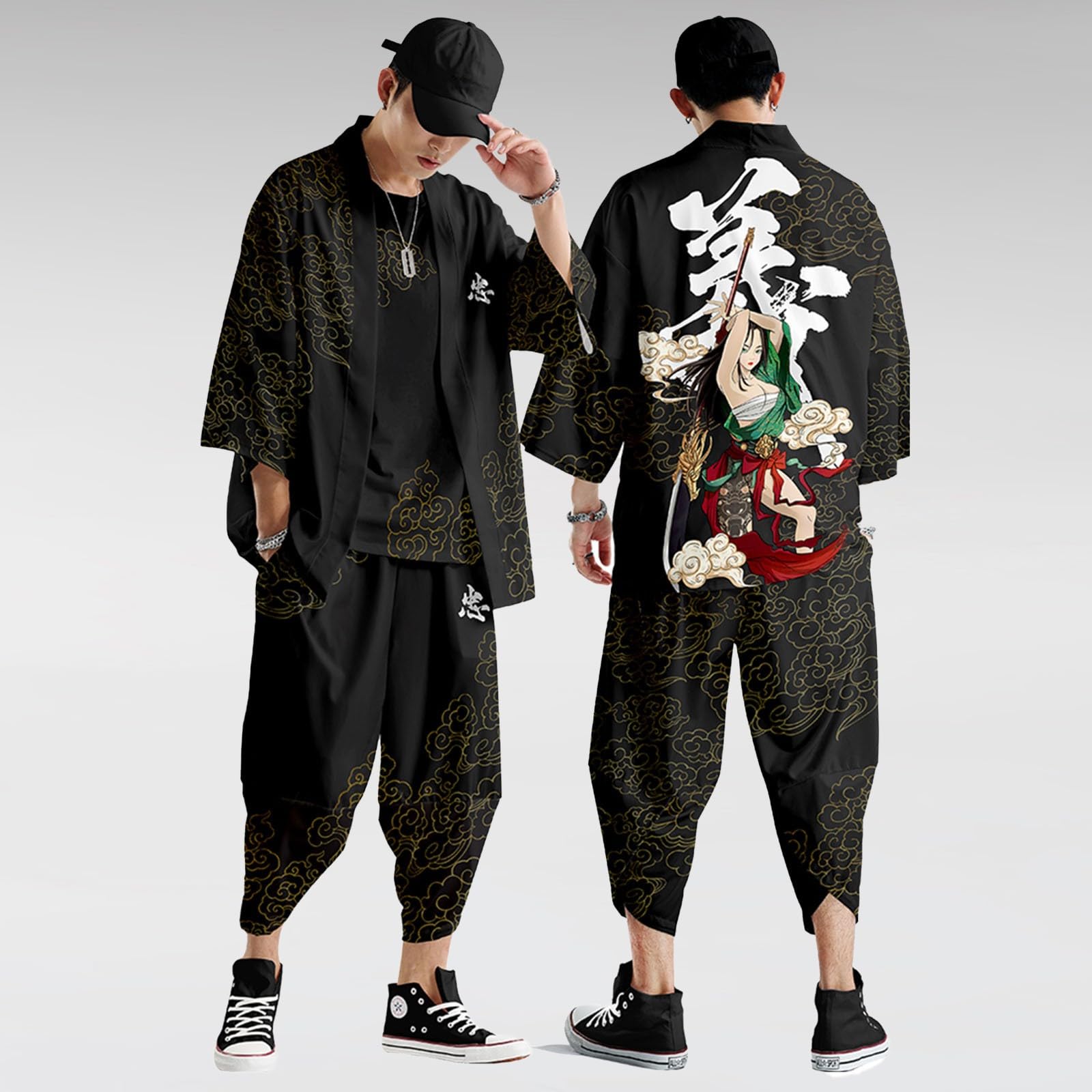 Generisch Conjunto de kimono para hombre, traje de verano tradicional, estampado japonés, cárdigan suelto y pantalones casuales, ropa holgada samurai, traje casual retro, traje deportivo Harajuku