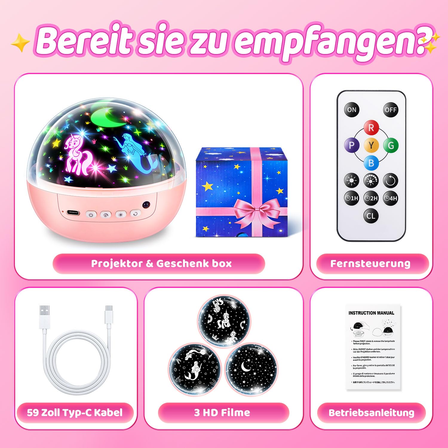 Einhorn Spielzeug ab 3-12 Jahre Mädchen, 【3 Filme+93 Effekte+Dimmbar】 Einhorn Geschenke für Mädchen Geschenke, 【Remote+3 Timer+Rotation】 Sternenhimmel Projektor Kinder, Meerjungfrau Spielzeug