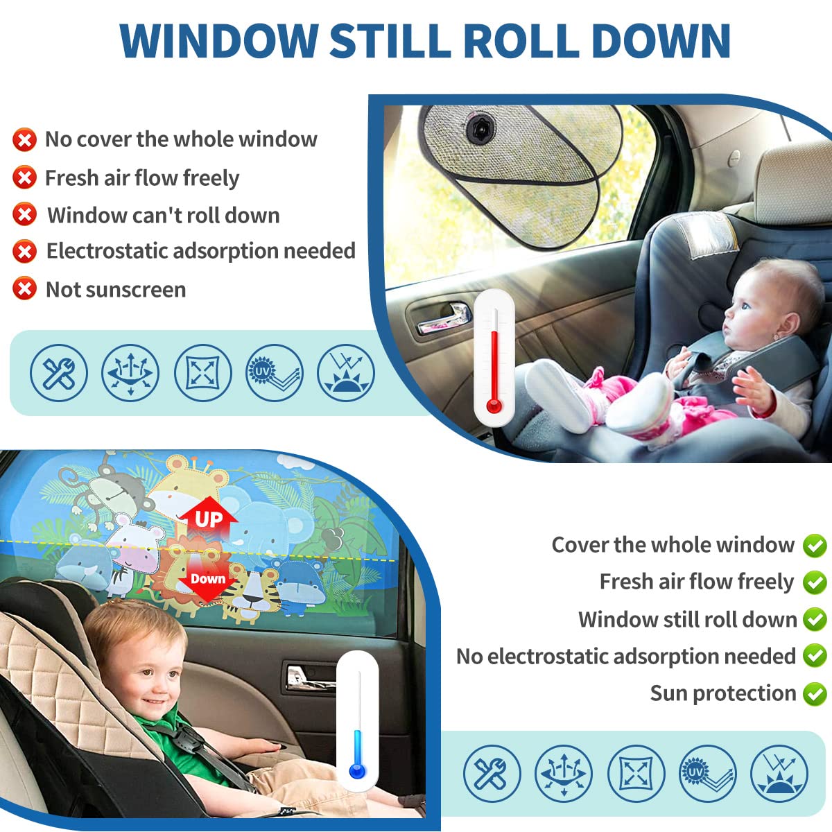 iZoeL Parasole Auto per Bambini, 2 Pezzi Finestrino Laterale, Stampa Animalier, Custodia - Calzini Senza Cuciture Universale Protezione Solare e UV