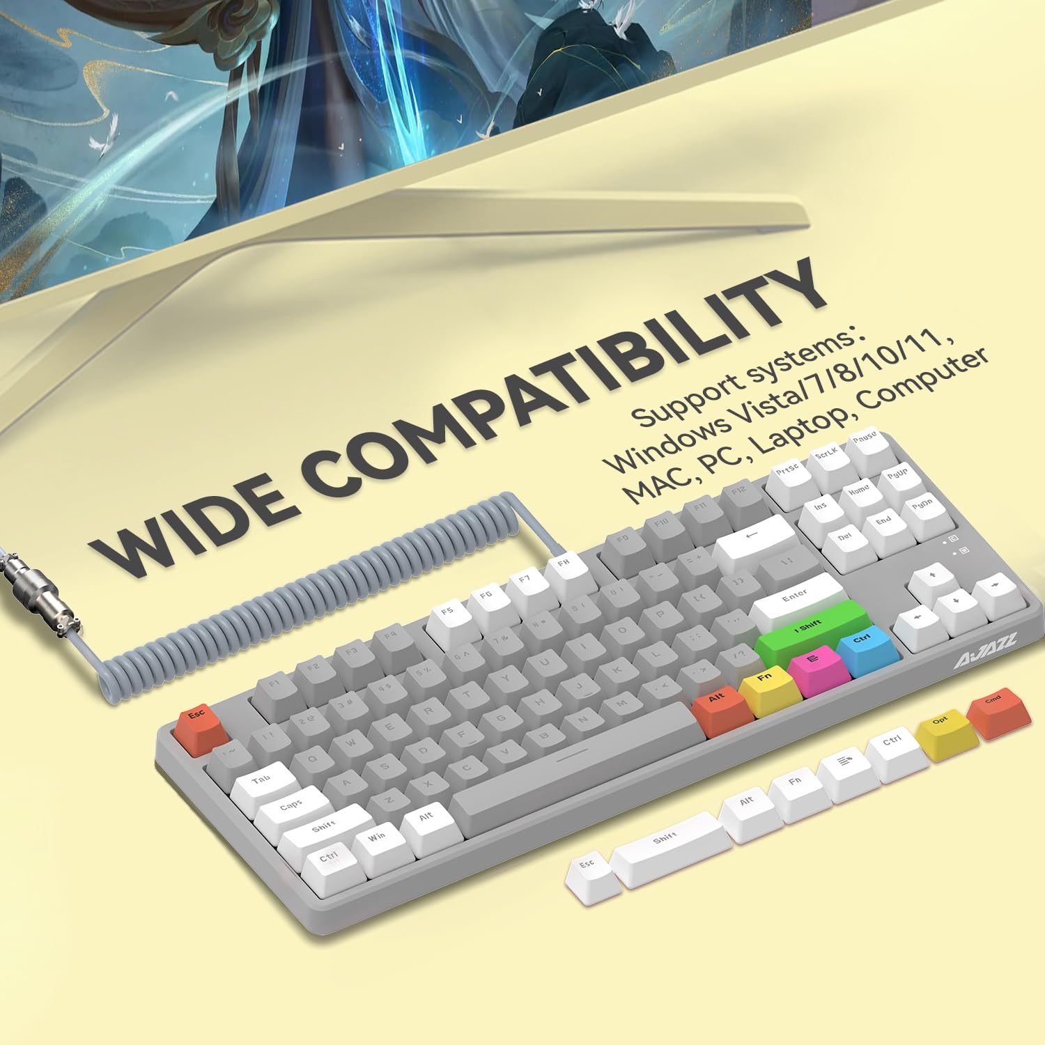 AJAZZ AK873-75% Teclado para juegos con cable USB C en espiral, interruptor rojo, teclado mecánico, LIGHTSYNC RGB TKL, 80% compacto, 87 teclas, cubierta superior magnética desmontable para PC/Mac,